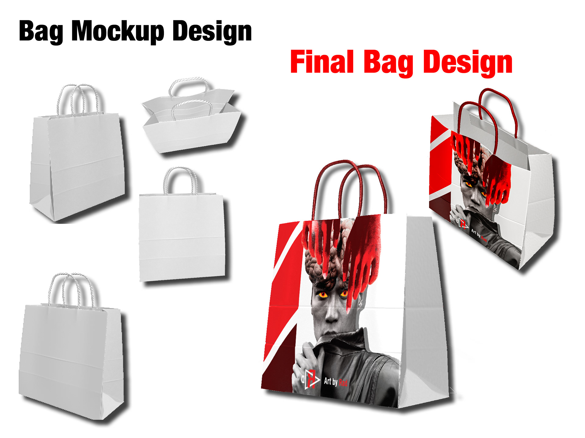 Final bag design result for packaging design project created by artbyrad. This graphic design artwork uses black, red and yellow colours.