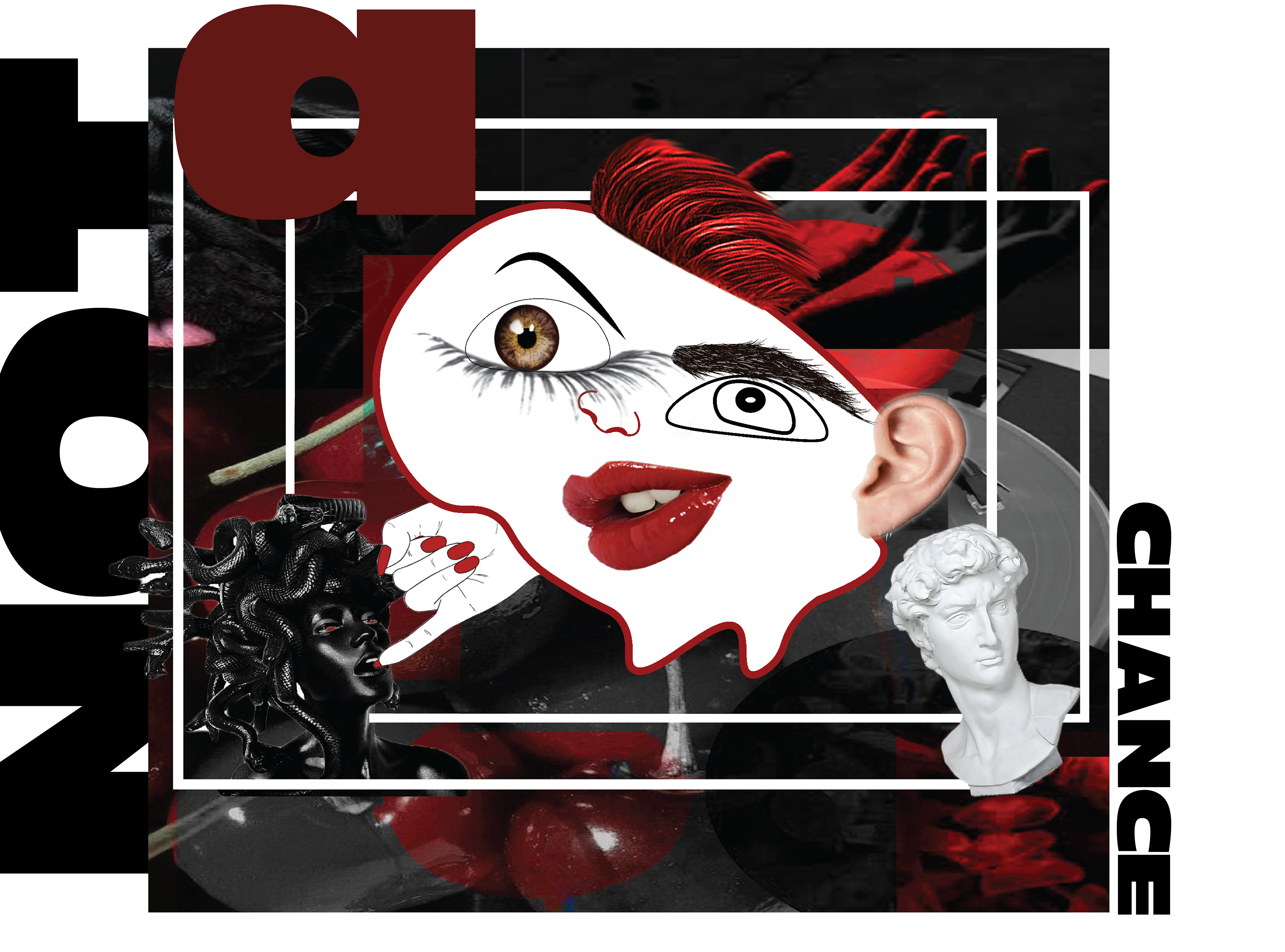 Graphic design poster. This poster combines design, illustration and photo collage skills. the colour scheme is black and white, and red. The background consists of aesthetic elements such as hands, vinyl records, black dog, cherries. The main object is an illustration with photo elements cropped in Photoshop: eye, hair, ear and lips. The main object is a surreal illustration.  Typography consists of three words: not a chance. Two words placed vertical and one horizontal. They displayed in the corners on the white background. Also, there are two sculptures in the corners.  