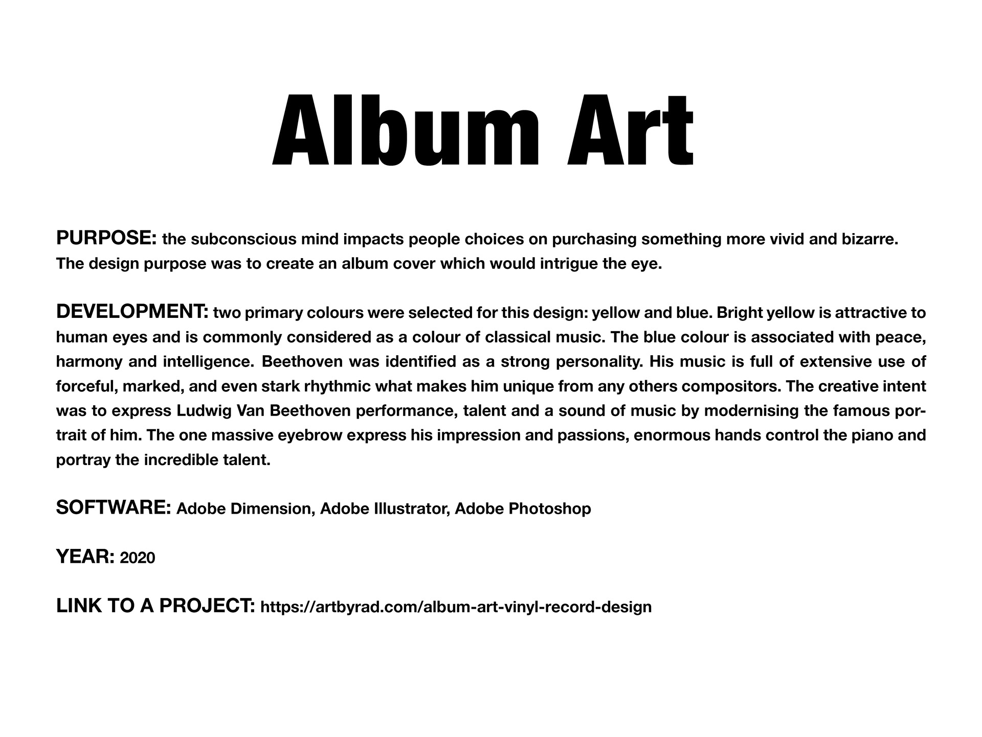 Vinyl record design. Graphic design project finished by art by rad. This graphic design and typography project was addressed for the target audience who thinks that classical music vinyl albums looks "boring". The design project includes research, brainstorm, moodpboard, details, colours and typography