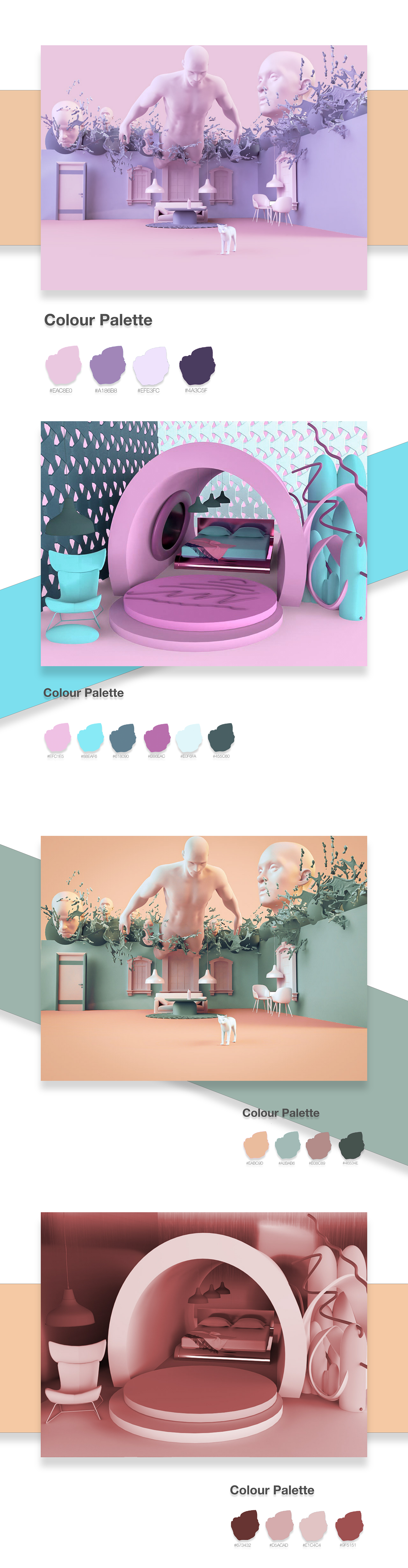 3D Design for personal graphic design project. By using Adobe Dimension, surreal interior design was created. To keep the living room spacious and minimal it was decided to use only necessary furniture such as sofa, coffee table, work desk and two chairs. To create a design more surrealistic and weird size and proportion variations were used: small furniture - massive people. Pastel colours helped to keep harmony in design. If you think that this 3D interior design looks like stereotypical feminists home, I hope you are wrong. We say no to stereotypes and say yes to equal rights.