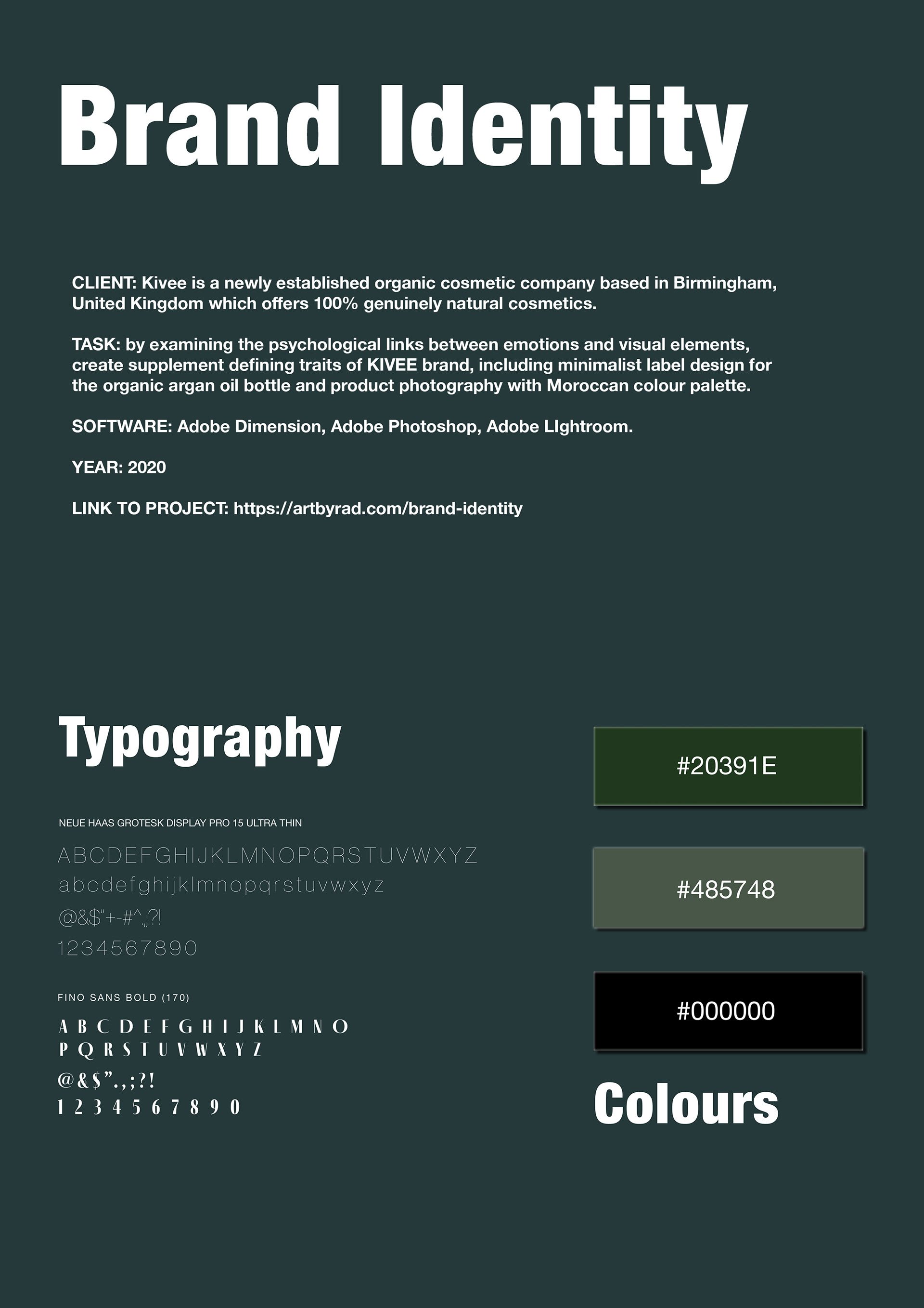 Kivee is a newly established organic cosmetic company based in Birmingham, United  Kingdom. The young yet nimble brand has a vital mission – to tackle misleading claims made by other beauty companies. While the cosmetic industry allows only a small percentage of natural  ingredients to call their products ‘natural’, Kivee offers 100% genuinely natural cosmetics.  A task was to examine the psychological links between emotions and visual elements, create supplement defining traits of KIVEE brand. The first project was to create a minimalist label  design for the organic argan oil. When the label was finished, I did product photographs and  edited them accordingly to the Moroccan colour palette as the product is from Marocco