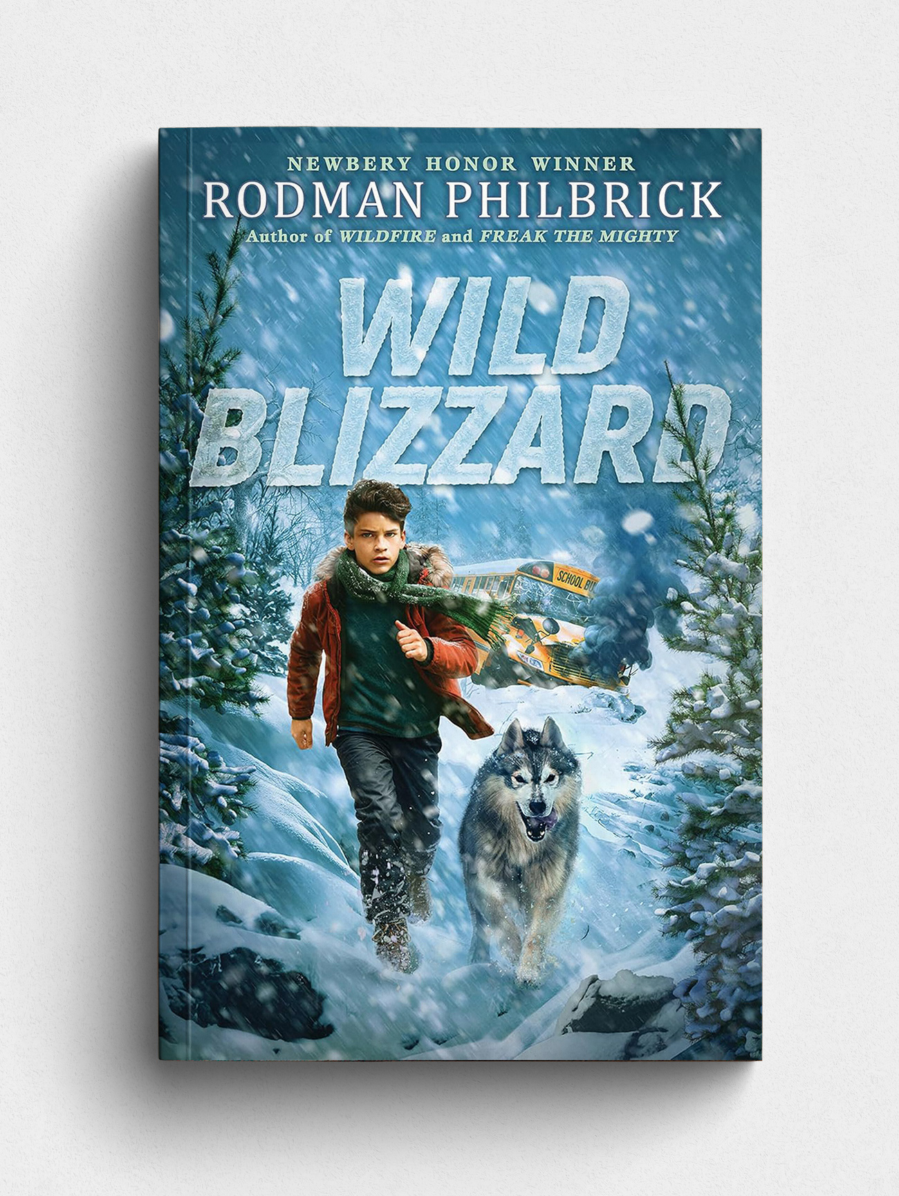 wild blizzard book cover, a boy runing in snow with his dog with a crashed school bus behind him