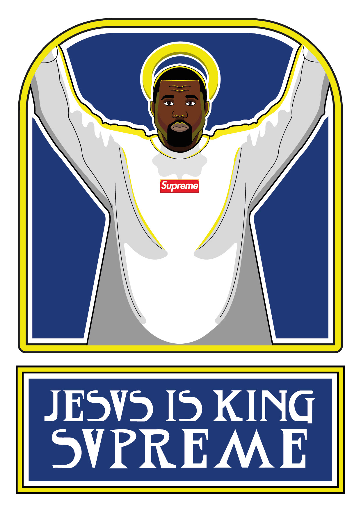 Affiche qui reprend le style de "l'école de Glasgow", en représentant "Kanye West", en inscrivant le nom de son album "Jesus is King". Illustrator - 1 jour.