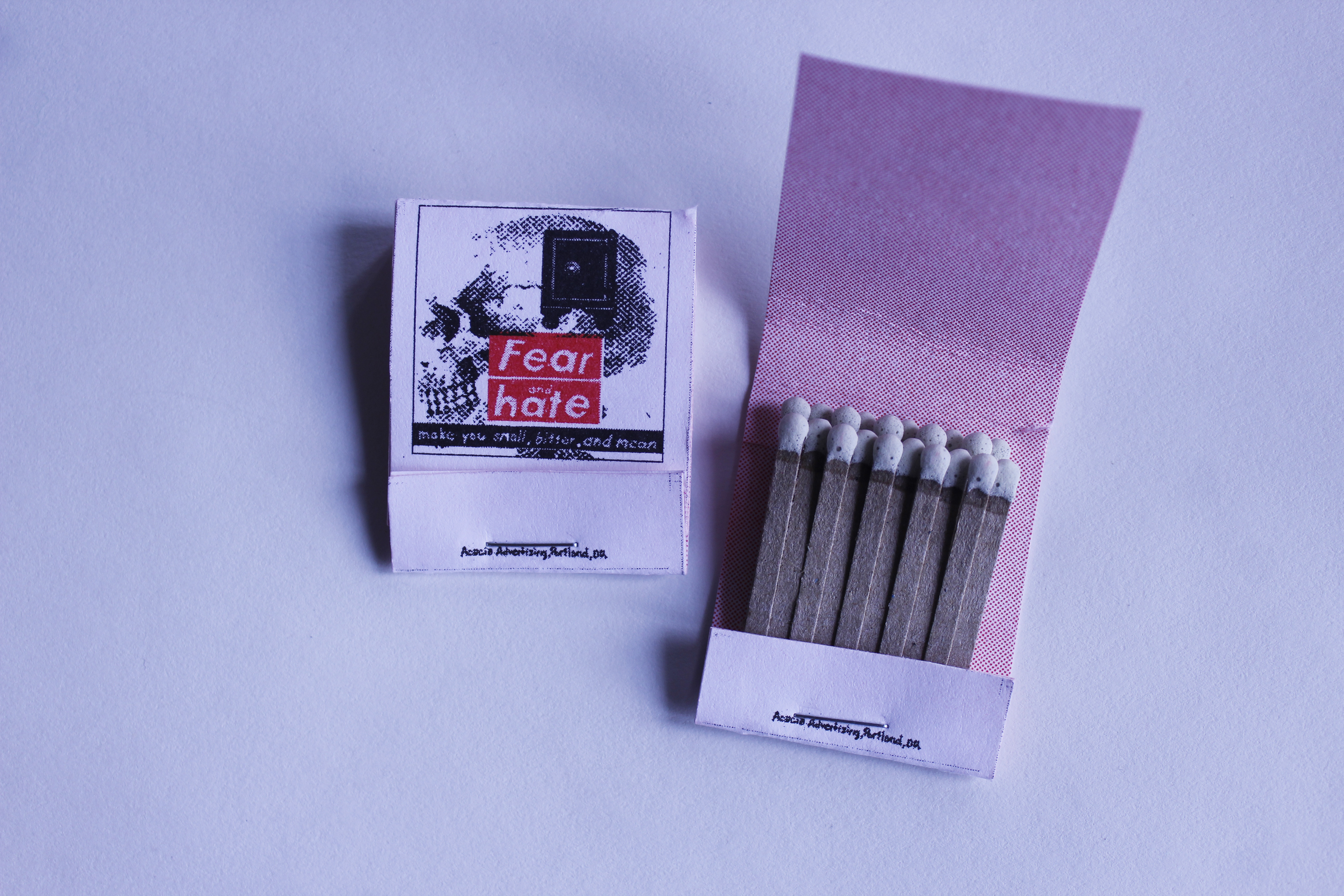 Samizdat, Iteration, Forgery Homage Handmade; 2-layer RISO-printed matchbooks paying homage to artist Barbara Kruger. Ink colors: red and black.