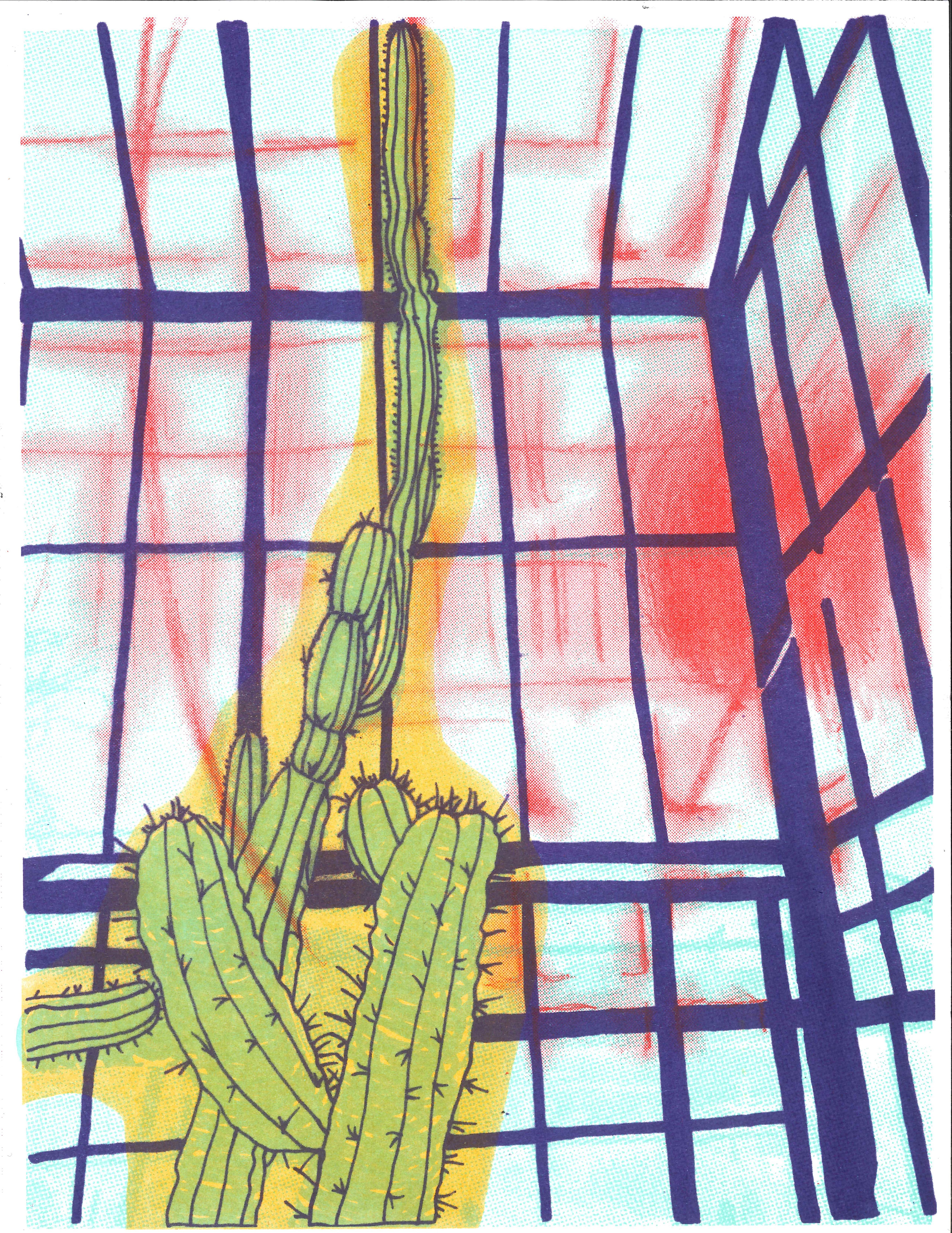 My first riso print! 4-layer RISO print utilizing halftones, strategic knockout, and color combination. Ink colors: mint, scarlet, purple, and sunflower.