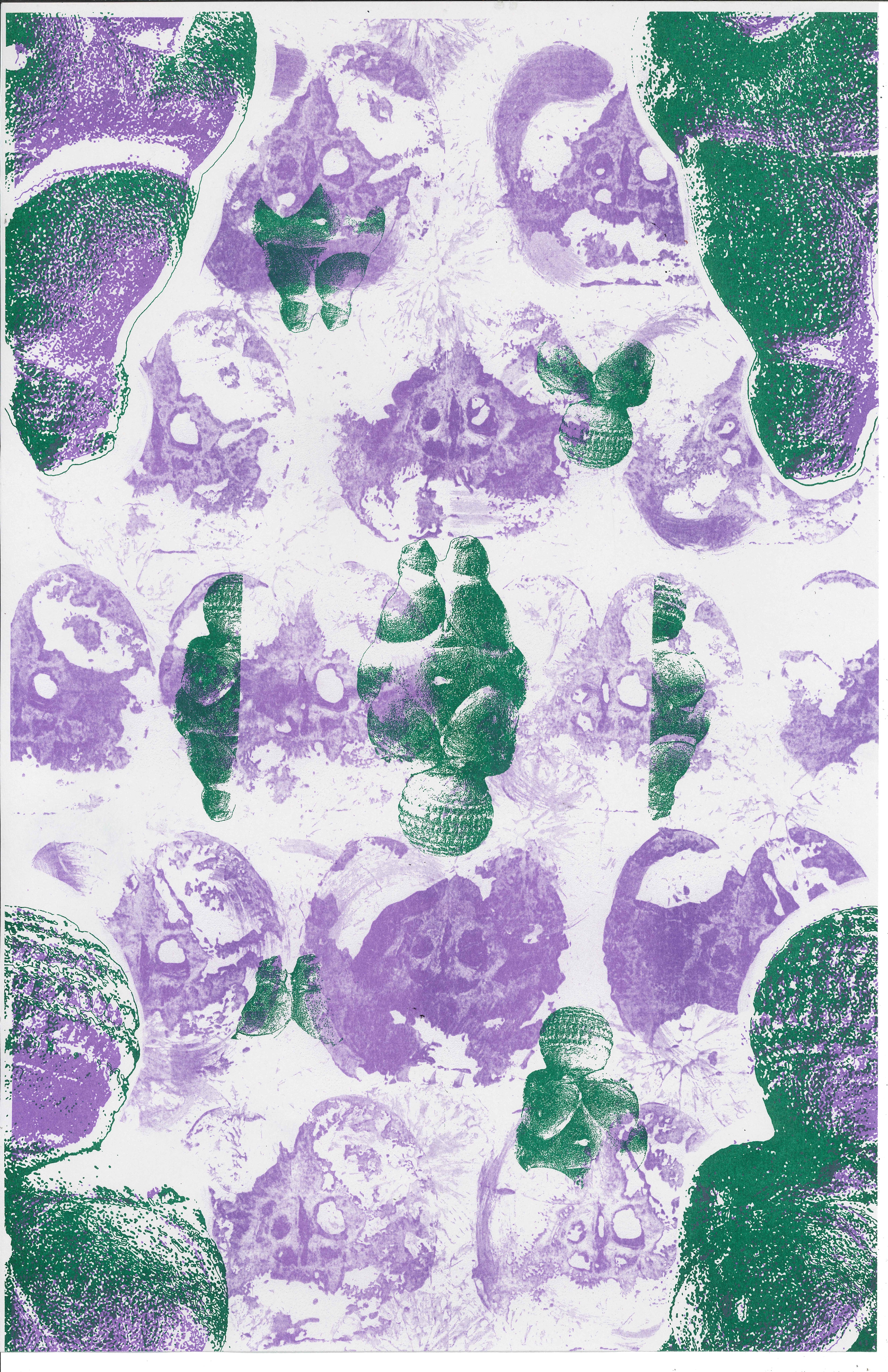 Taking up space; 2-layer RISO repeat pattern utilizing collage. Ink colors: ivy and orchid.