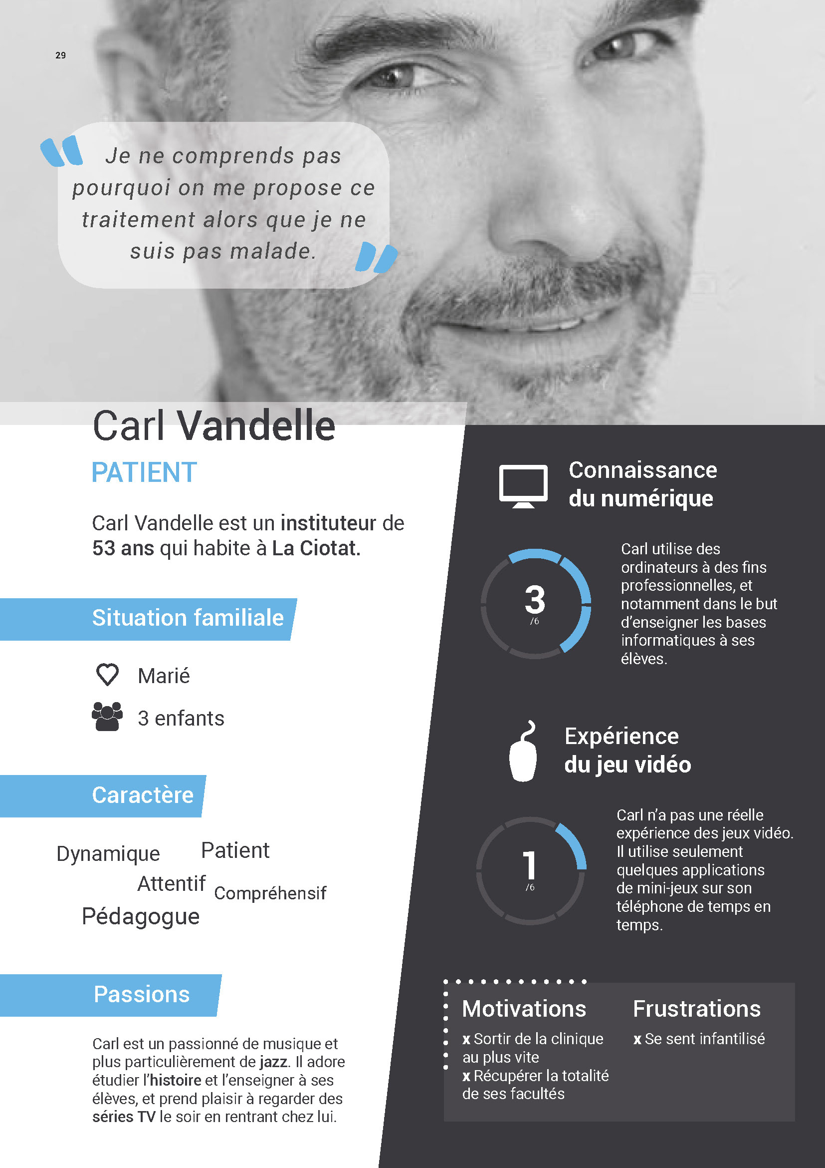 Persona 1: Patient aged 50 years or older, suffers from anosognosia, little to no experience with digital tools, may suffer from additional physical pathologies (amputation following their accident, general nervous system disorder).