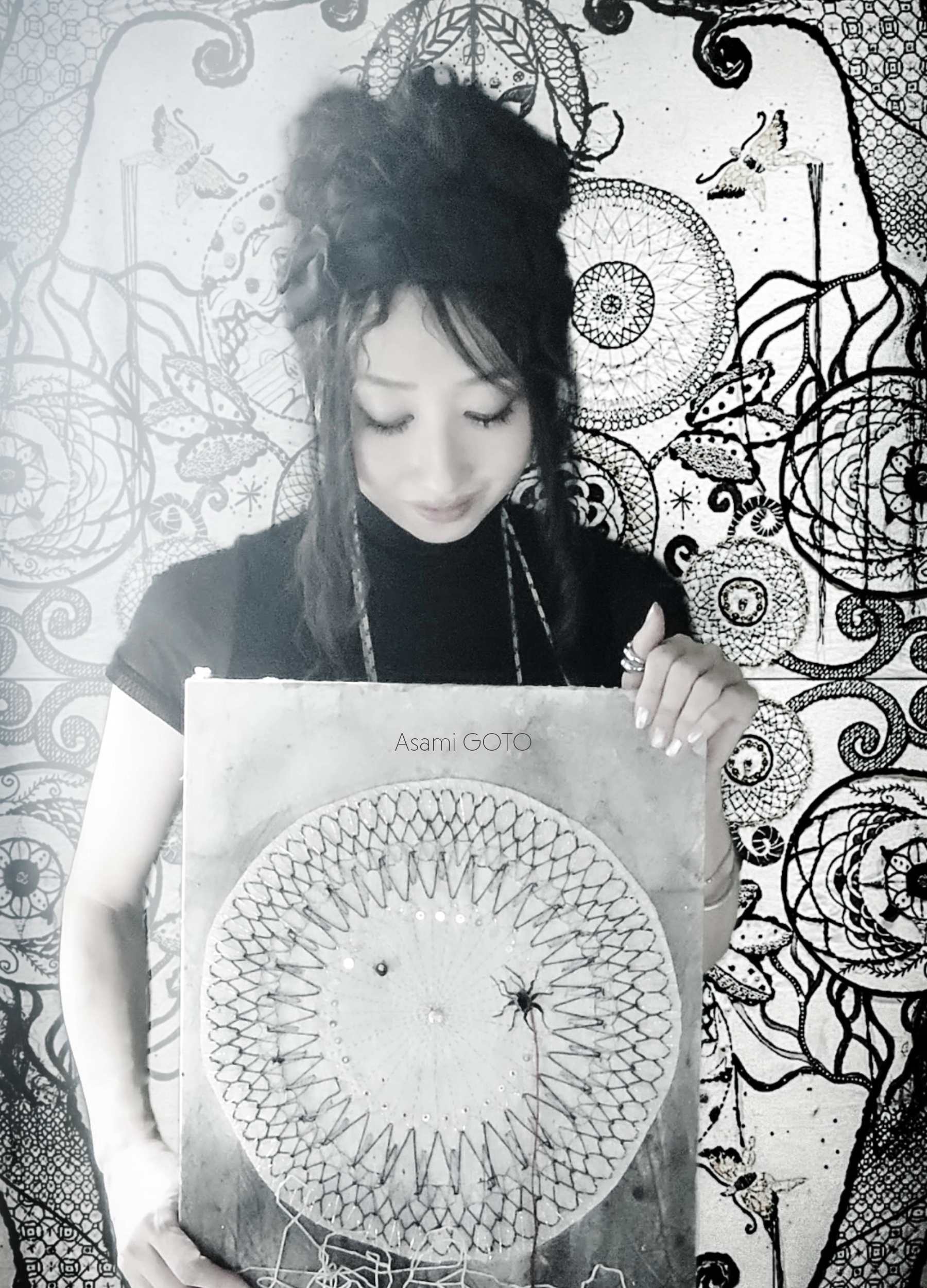 Asami GOTO, Japanese contemporary artist working in Geometric Embroidery + Sumi Ink Art and Nihonga.