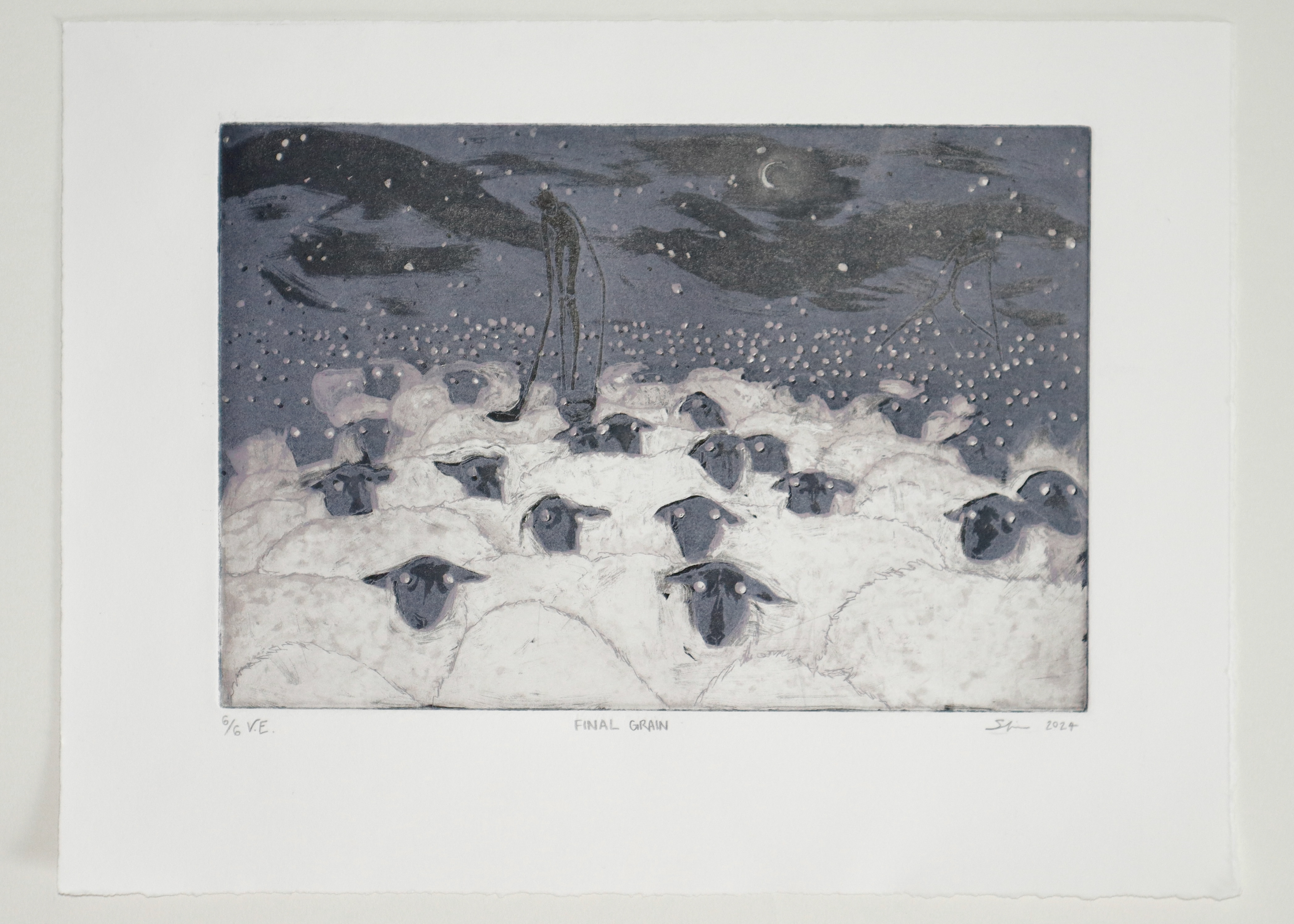 FINAL GRAIN. 6/6. Dual plate registration, hard ground, spit-bite, aquatint. 2024.