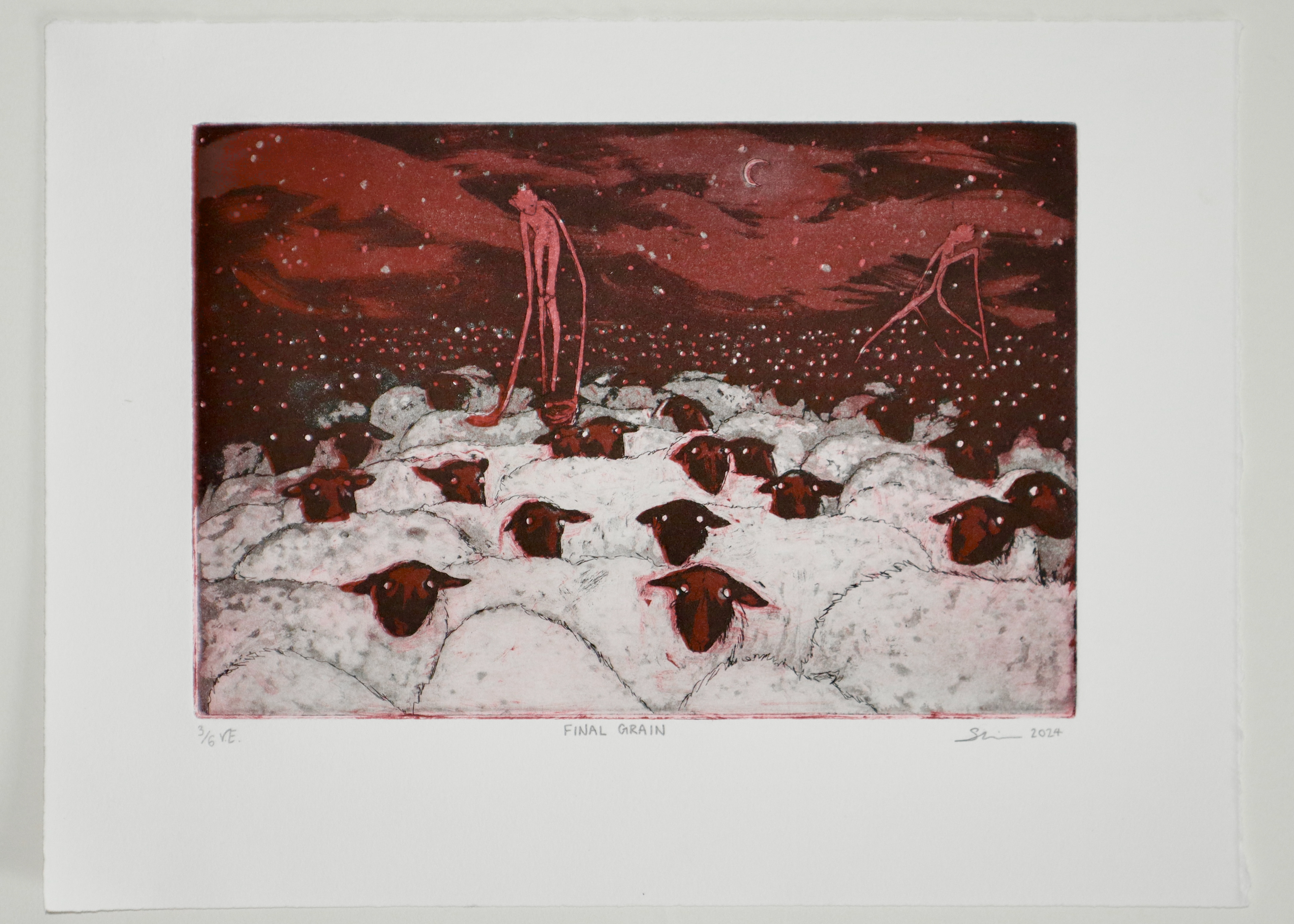 FINAL GRAIN. 3/6. Dual plate registration, hard ground, spit-bite, aquatint. 2024.