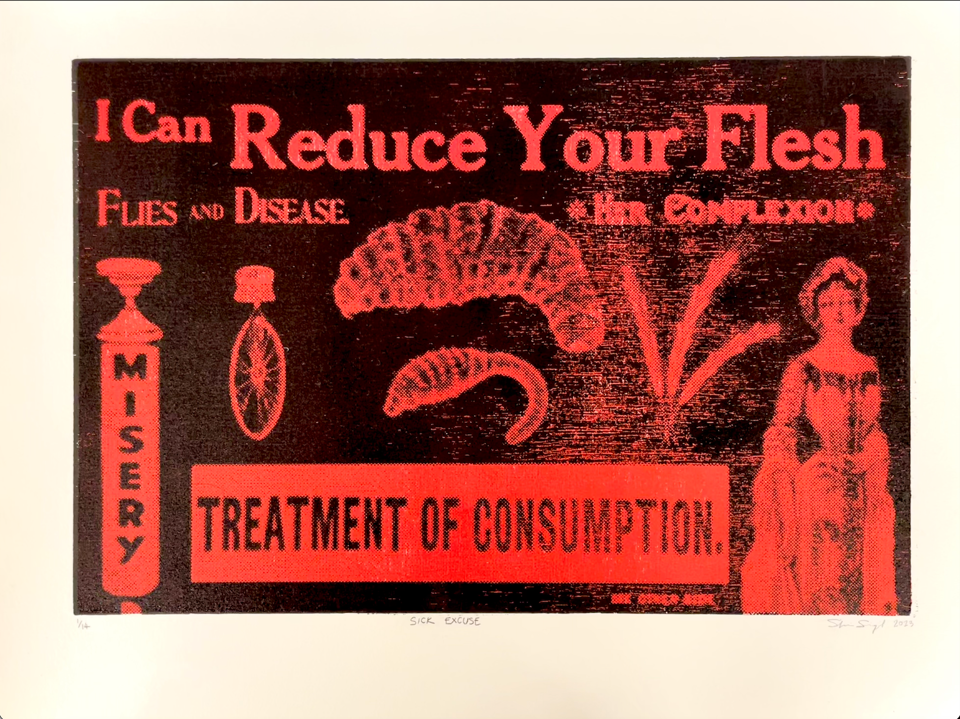 SICK EXCUSE. Edition of 14. Wood block relief, digitally crafted image laser printed onto block. 2023.