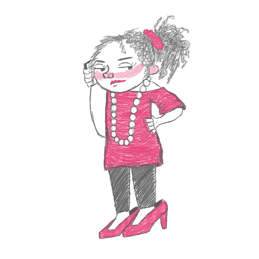 Digital Illustration. A young girl stands with one hand on her hip, the other holding a phone to her ear. She is dressed up in dark leggings, with a pink top/dress, pink heels, and a white beaded necklace, which are all too big for her. A pink scrunchie holds her hair in a high ponytail. Unamused, she looks out of the corner of her eyes, with pink lipstick smeared across her face.