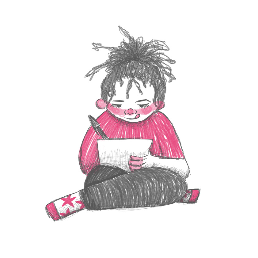 Digital illustration. A girl is sat cross-legged, using a pen and paper which she leans on her lap. Her hair is tied back in a messy bun, and her tongue is sticking out in concentration.