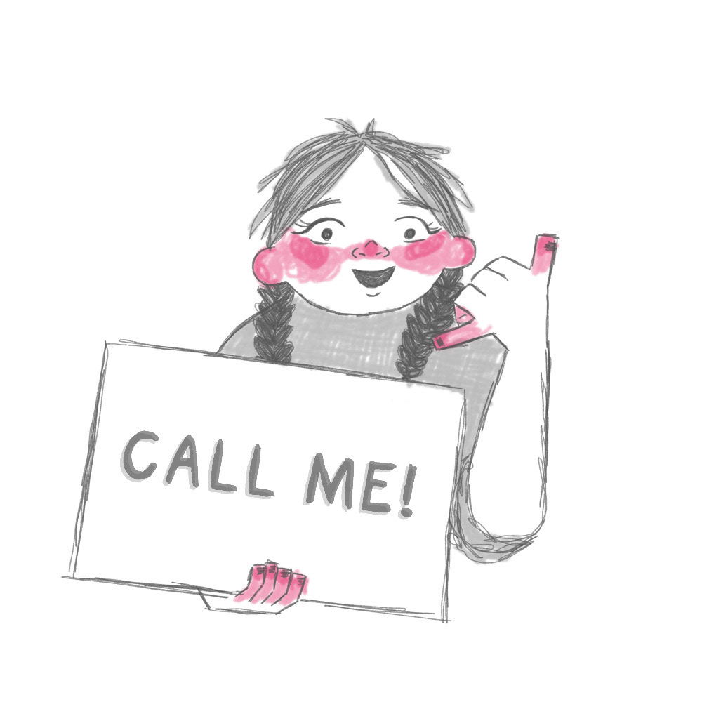 Digital illustration. Girl makes a phone shape with her hand, holding a sign that says "Call me!"