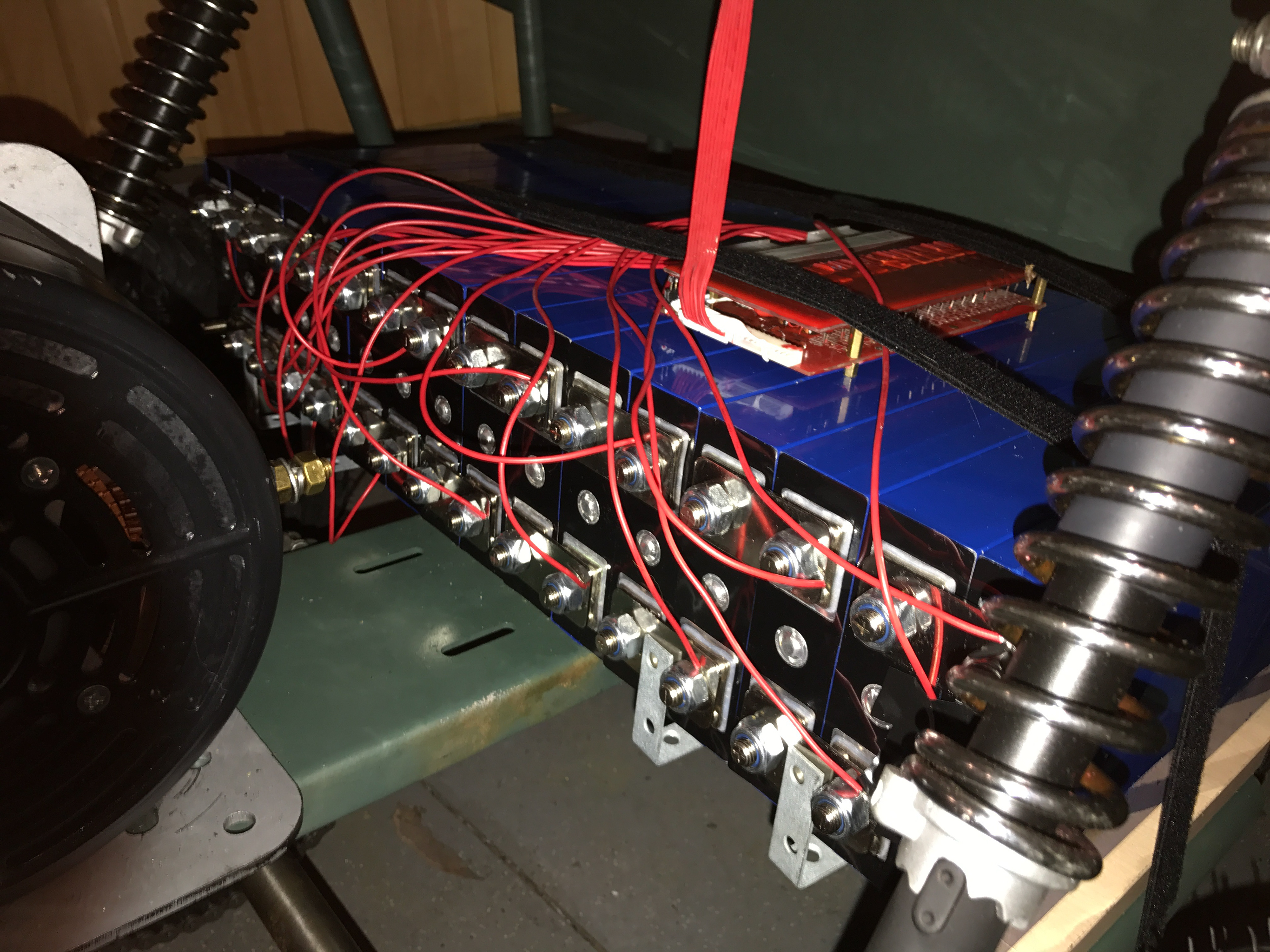 Wiring of the battery management system. This allows the go-kart to balance each individual cell to prolong pack life and increase overall capacity.