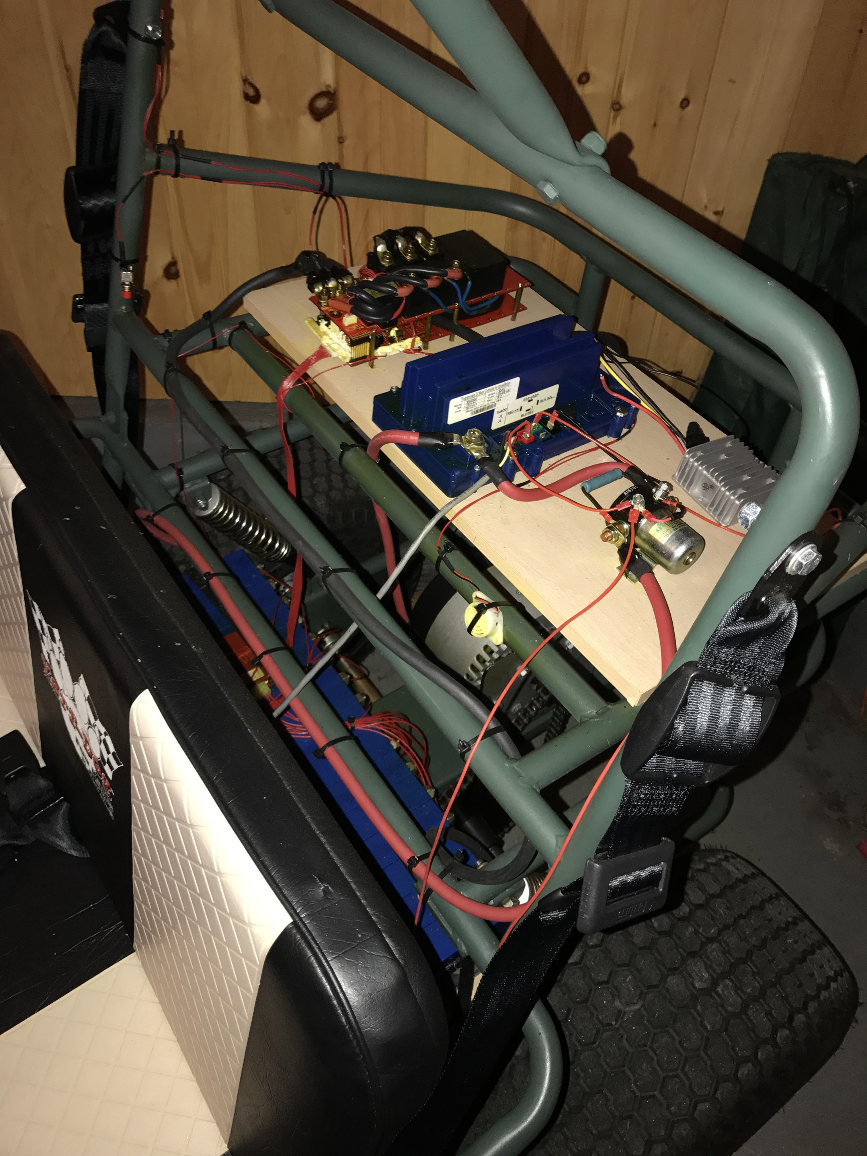 Installation and wiring of the control circuit, primary solenoid, secondary BMS computer, high-current lines to motor, 12V step-down transformer for accessory lighting, as well as new seat-belts!