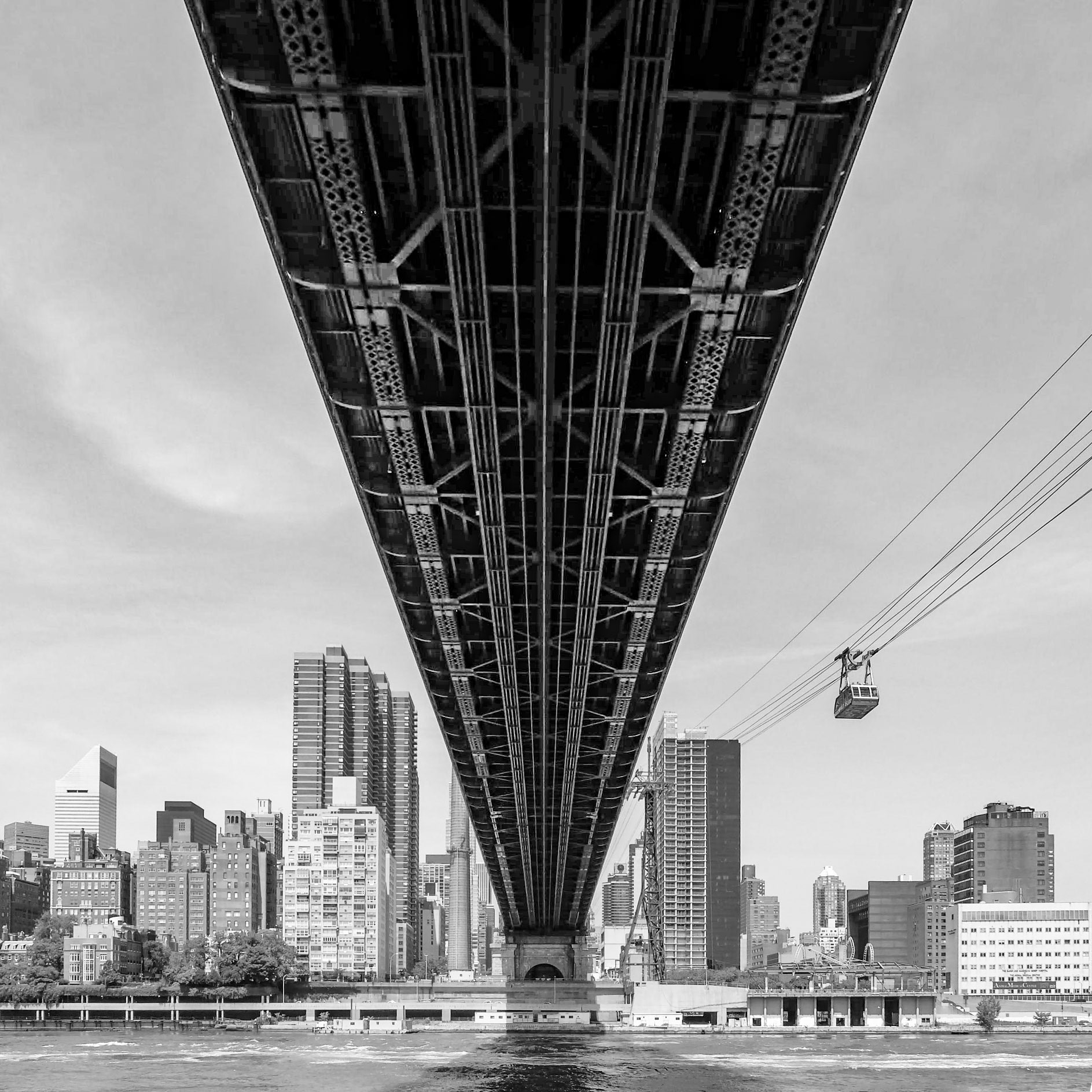 Queensboro Bridge and tramway from Roosevelt Island