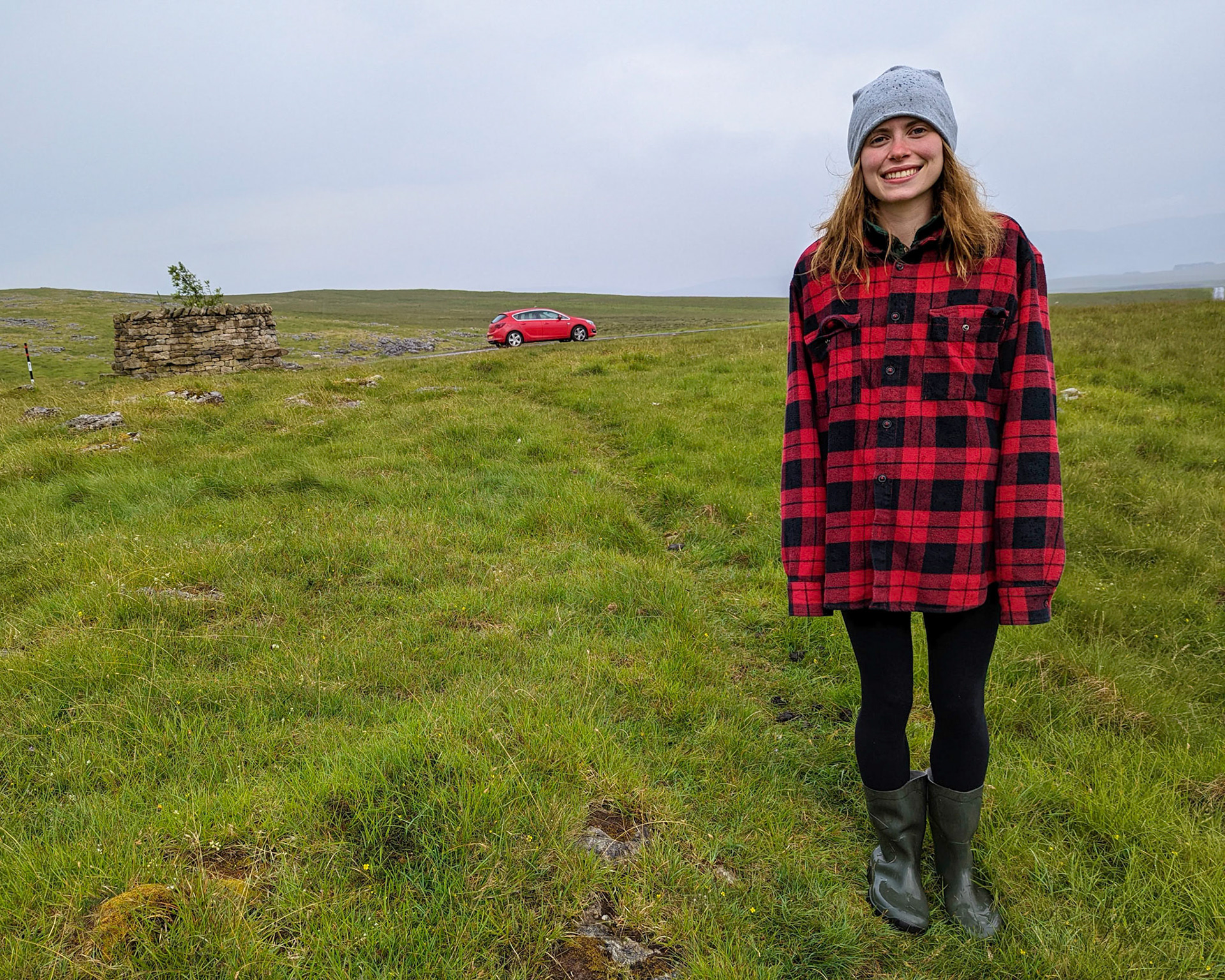 Last night in England in the rain- Dad's hat, Dad's shirt, Dad's wellies.