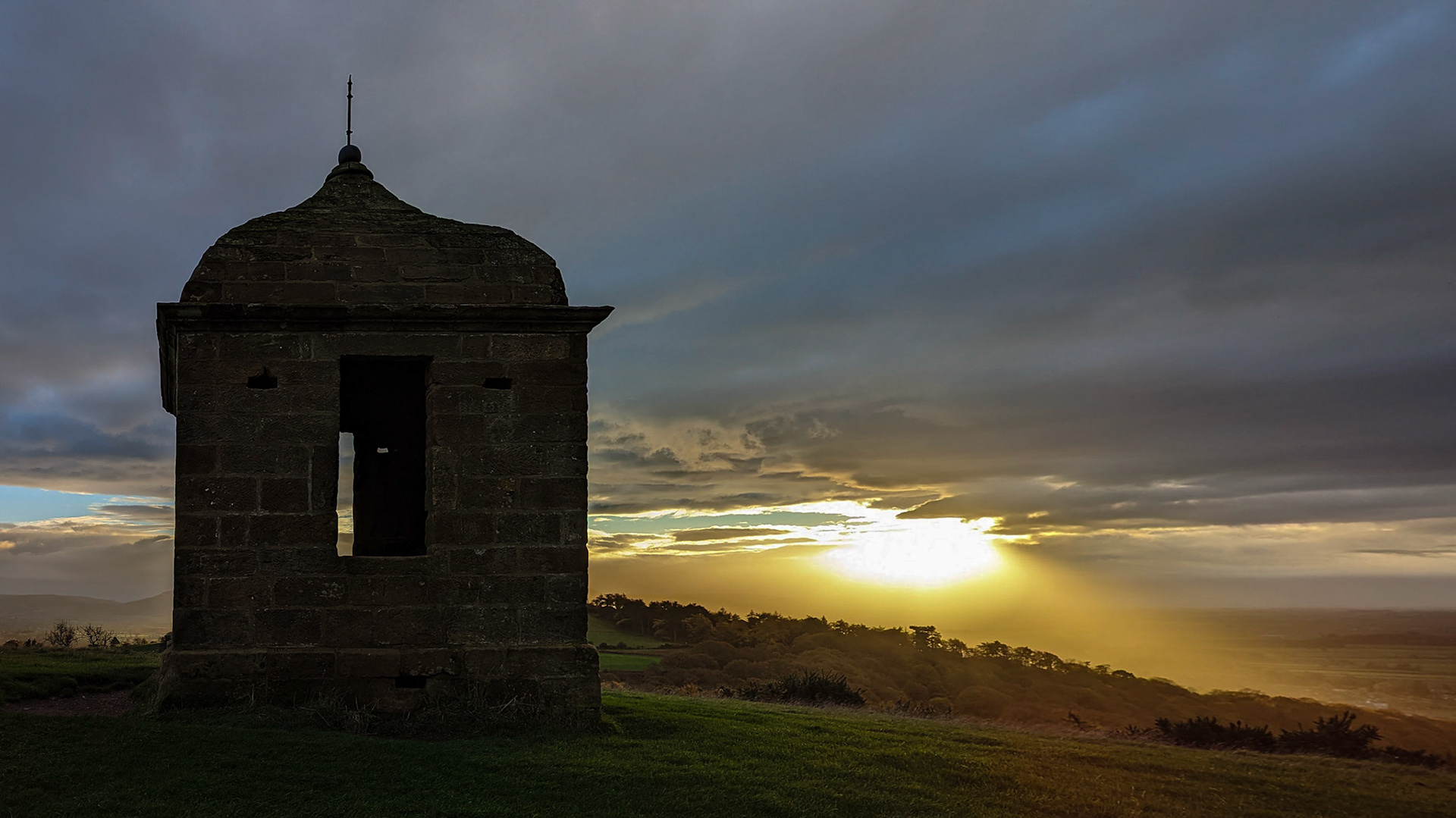 Roseberry Topping shooting box, sunset over Ayton.