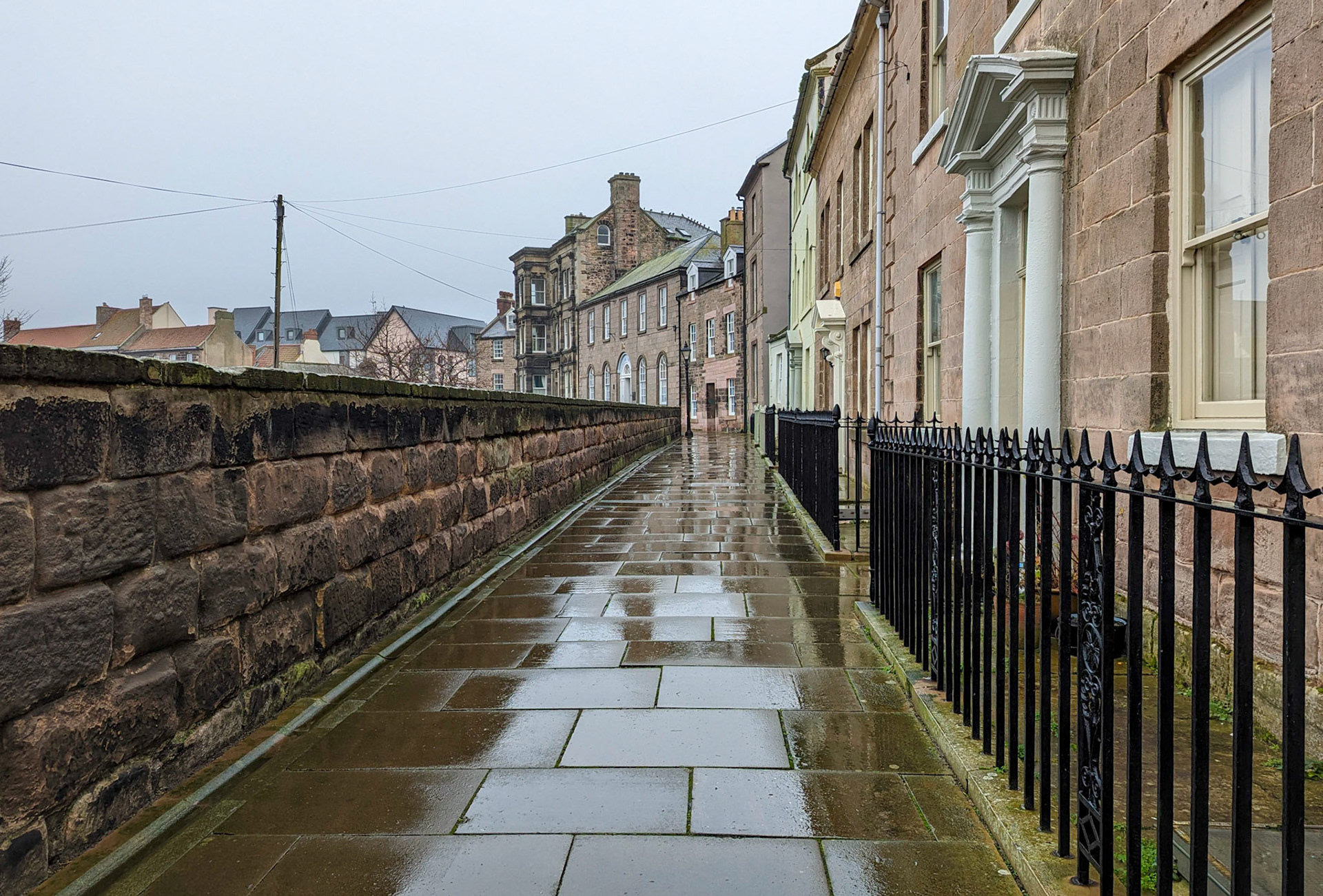 Looking along the town walls by the river Tweed. This album shows the Old Bridge (1524), the Royal Tweed Bridge (1928) and the Royal Border Bridge (1850).