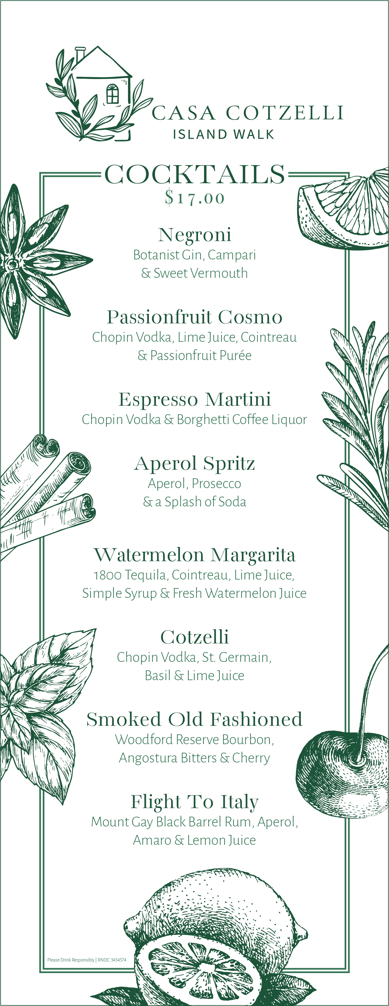4.25x11 Custom Menu Card for Casa Cotzelli