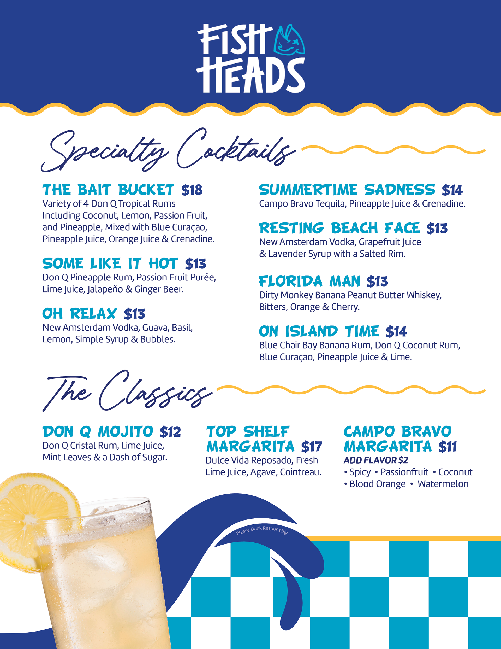 Fish Heads Tampa Bay Restaurant 8.5x11 Drink Menu