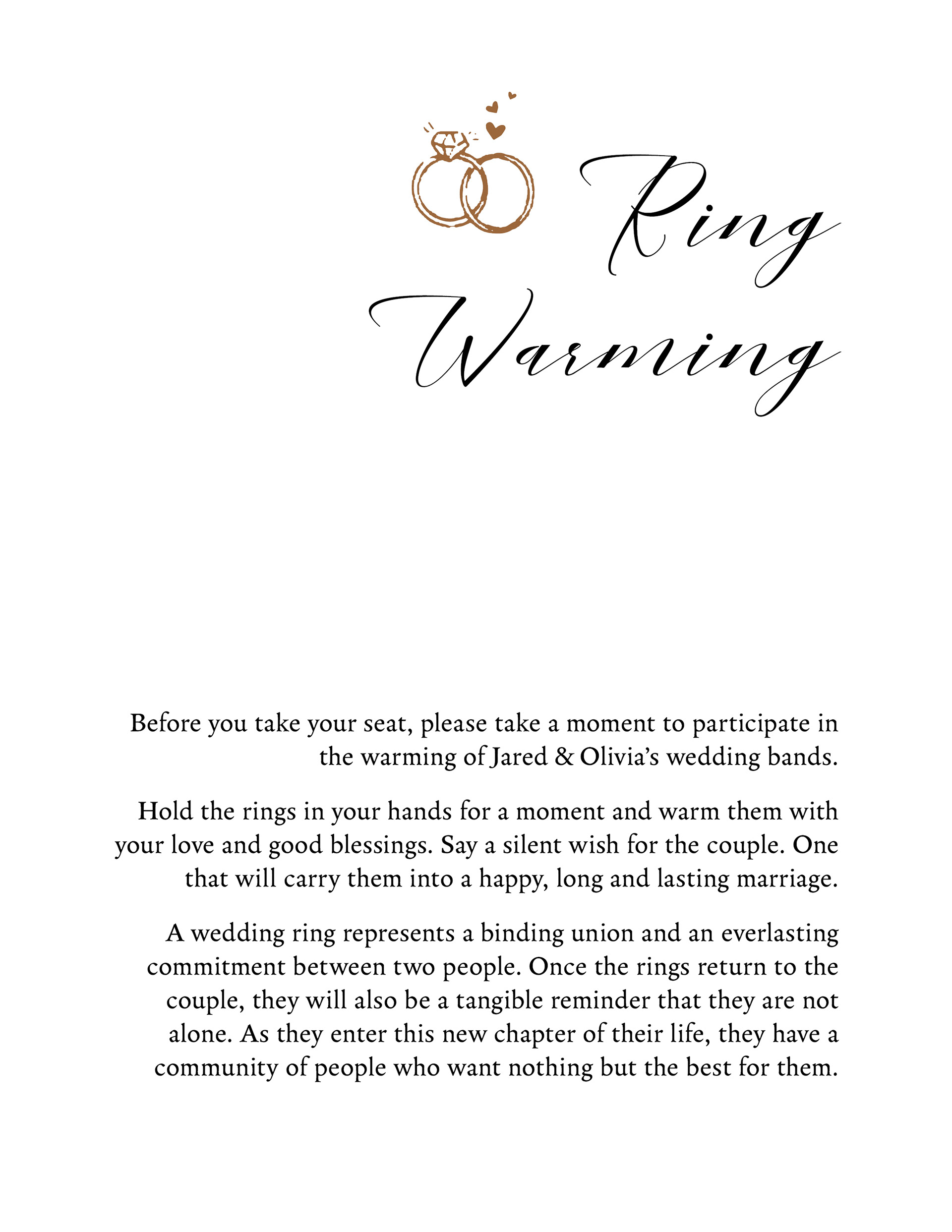 Sign for pre-ceremony ring warming station. Programs Used: Adobe InDesign and Illustrator. 2024