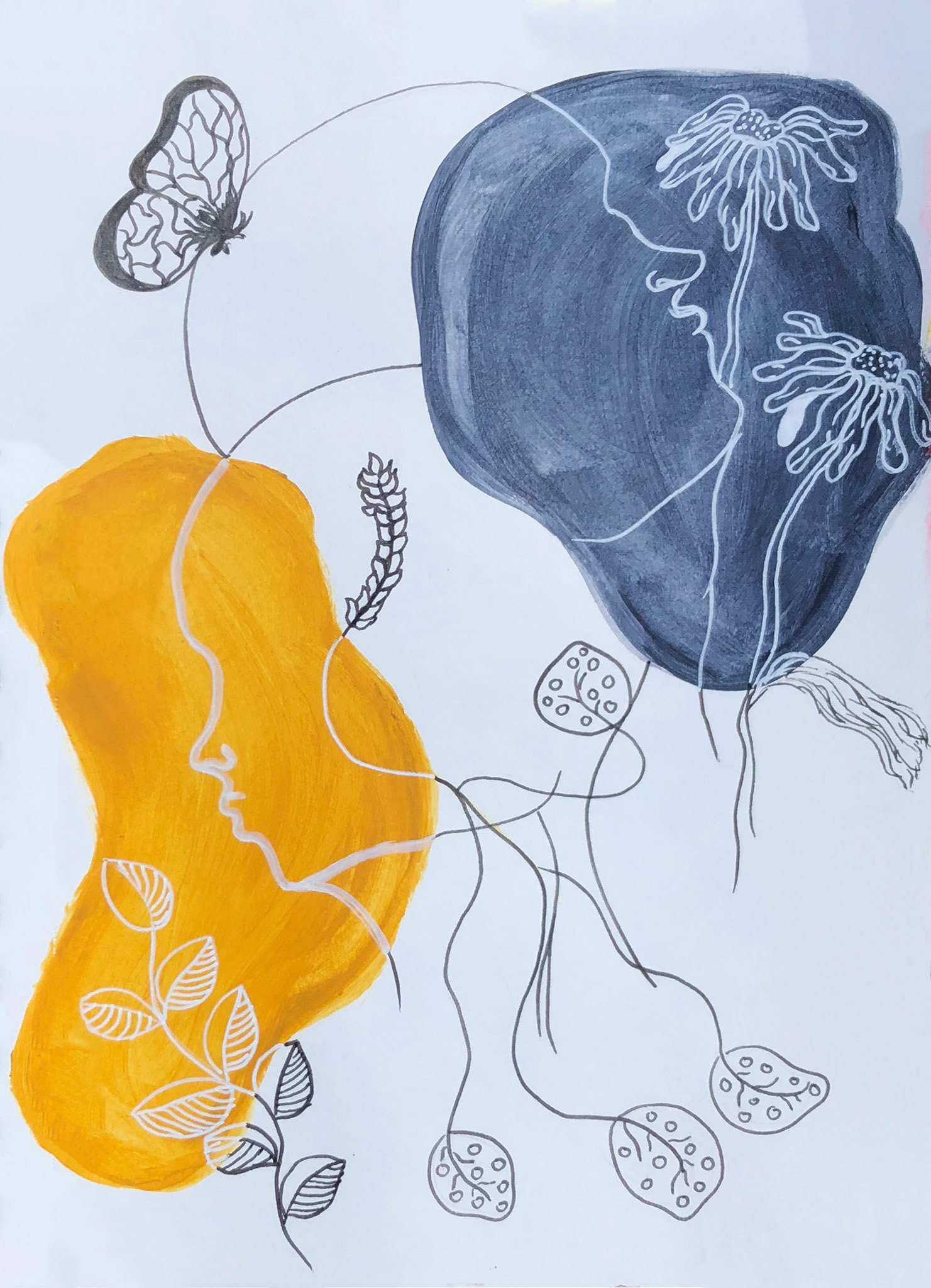 "Two Faces in the Garden" Pen and Acrylic Painting