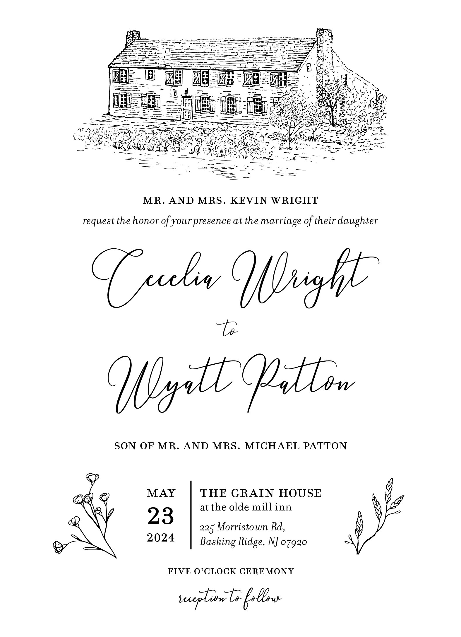 Main invitation card for Cecelia and Wyatt's Wedding. Programs Used: Adobe Illustrator, InDesign, and Photoshop. Illustration was drawn using graphite and ink. 2024
