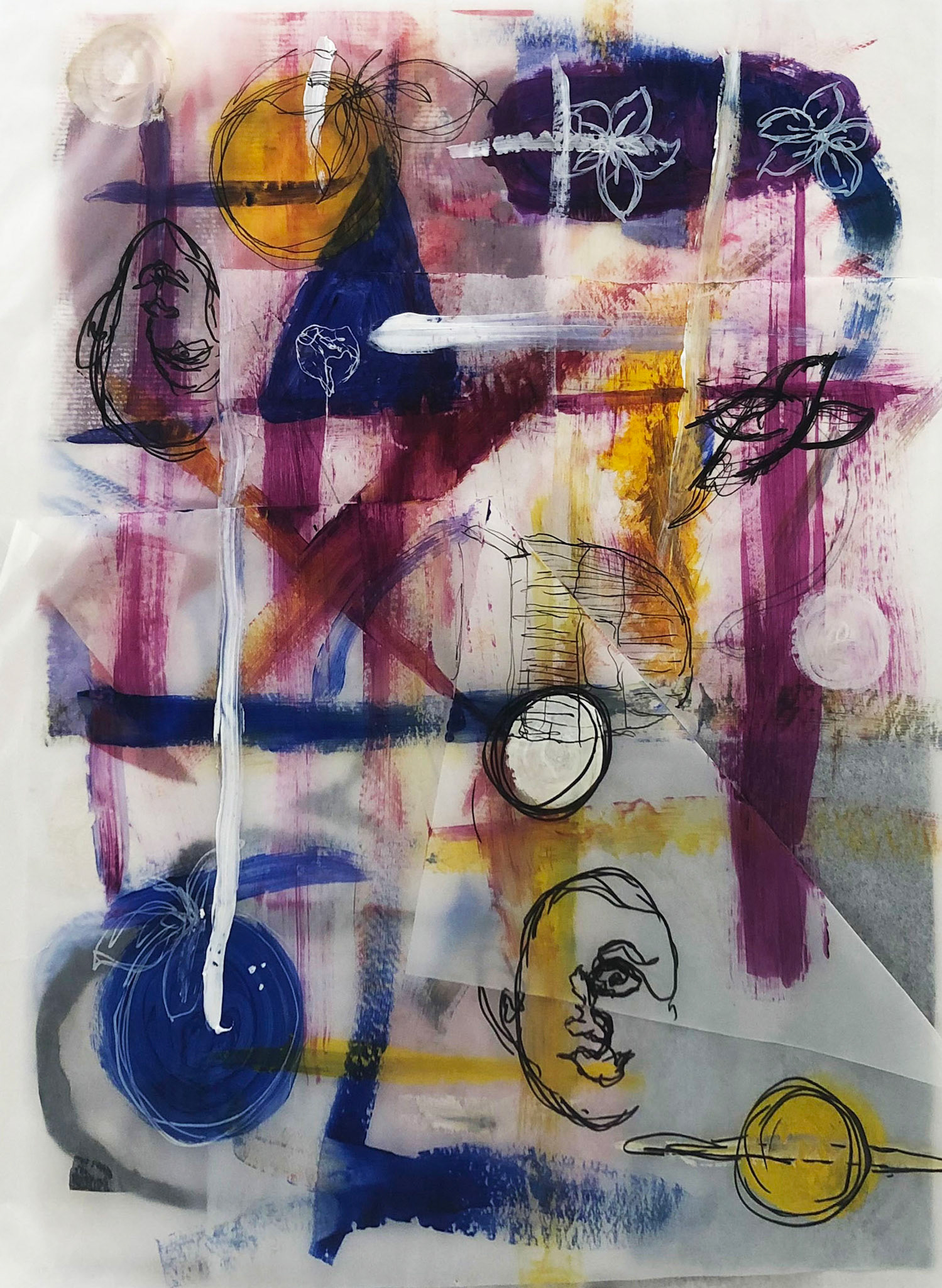 "Faces and Fruit" Mixed Material Acrylic Painting