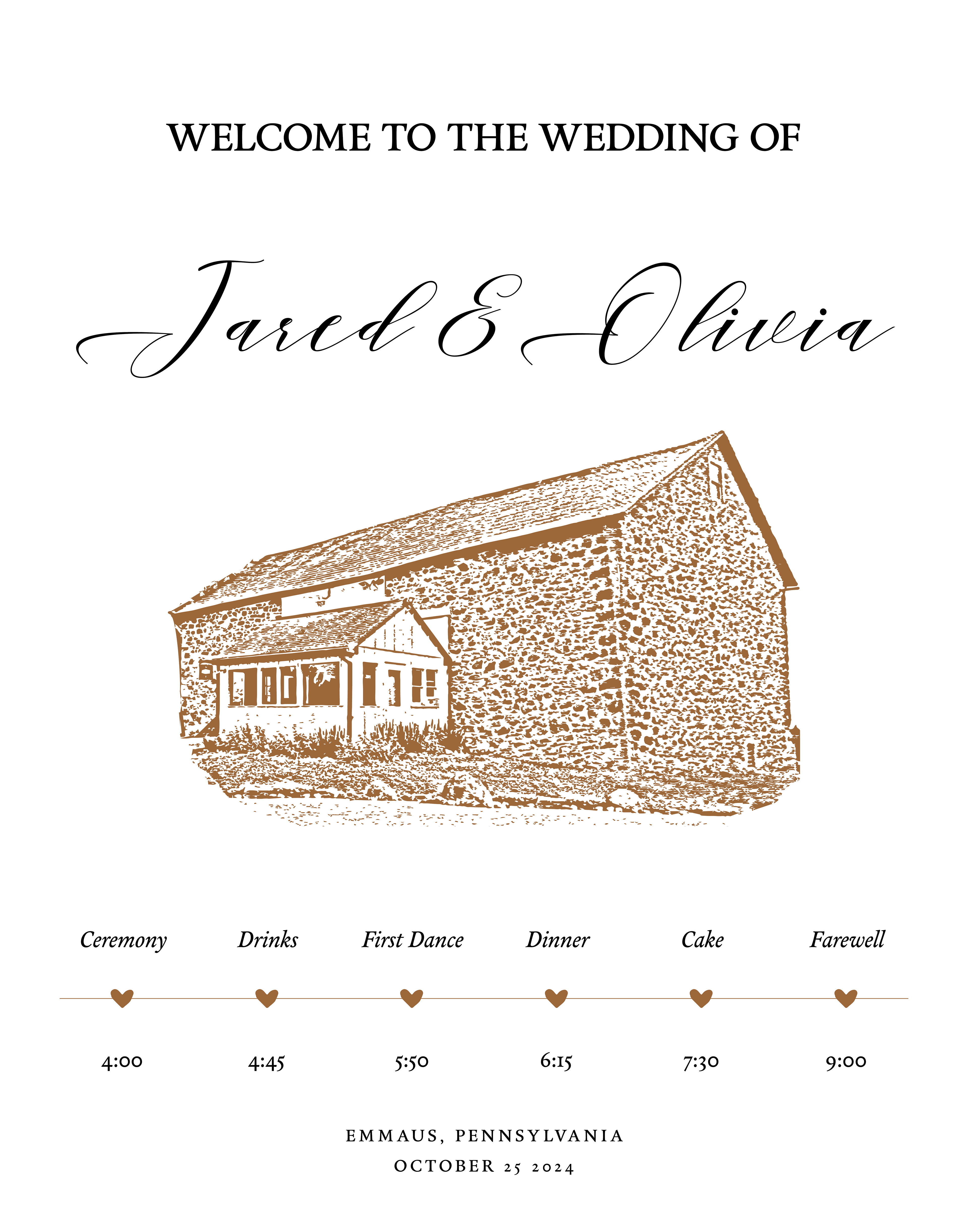 Welcome sign for Olivia and Jared's wedding. Programs used: Adobe Illustrator, Indesign, and Photoshop. 2024