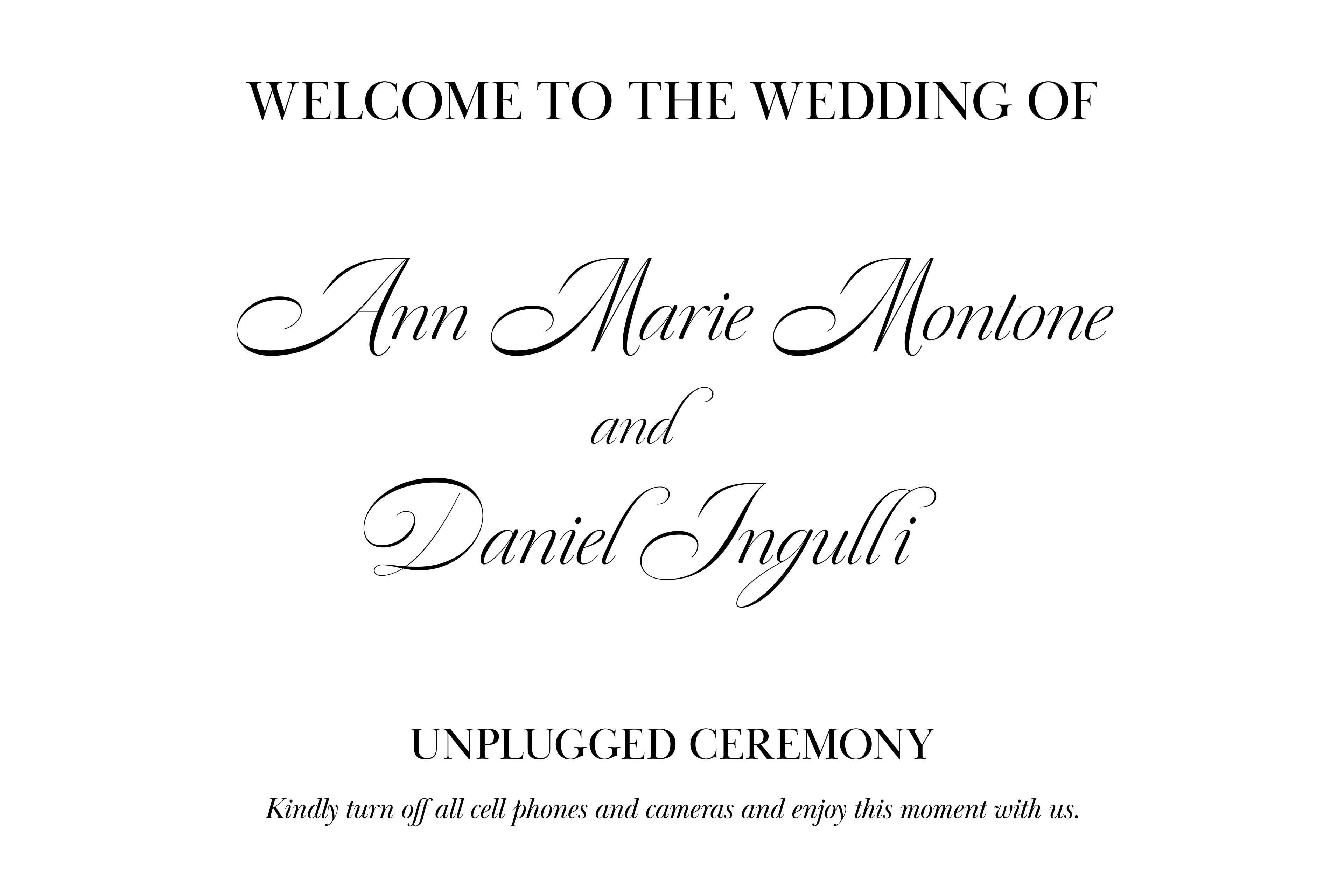 Welcome sign for Ann Marie and Dan's wedding. Programs used: Adobe Indesign. 2024