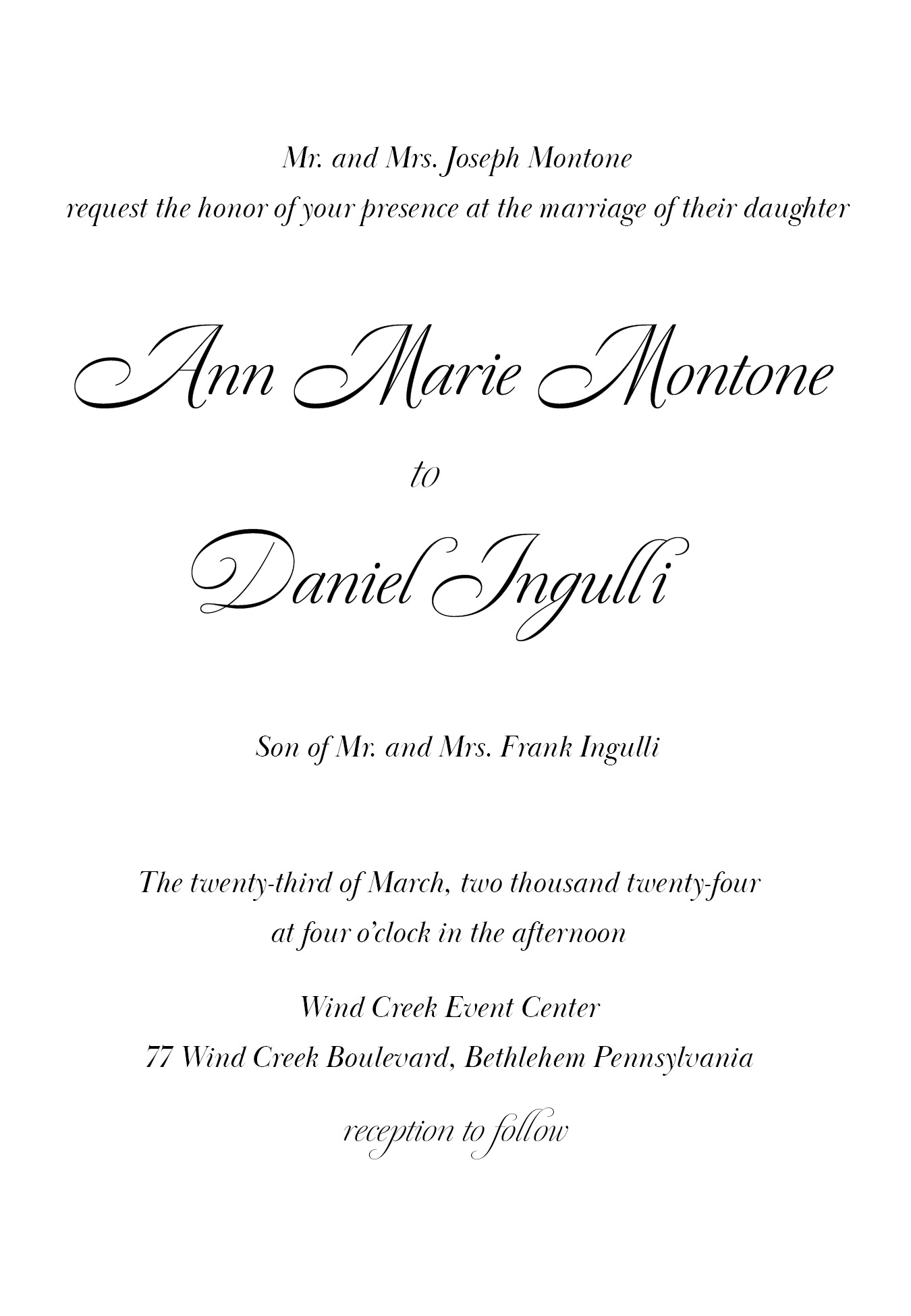 Main invitation card for Ann Marie and Dan. Programs used: Adobe Indesign. 2024