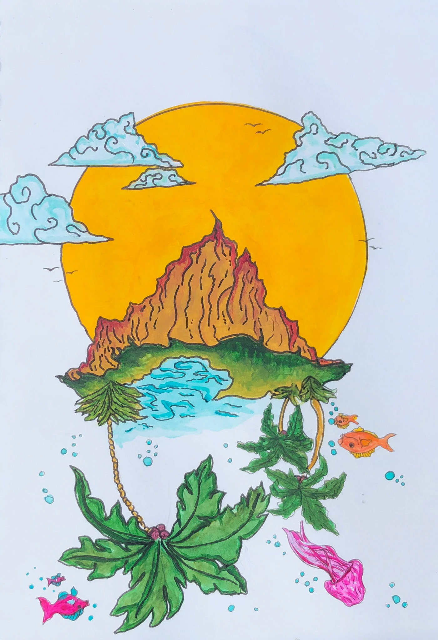 "Island in the Sun" Pen and Acrylic Painting