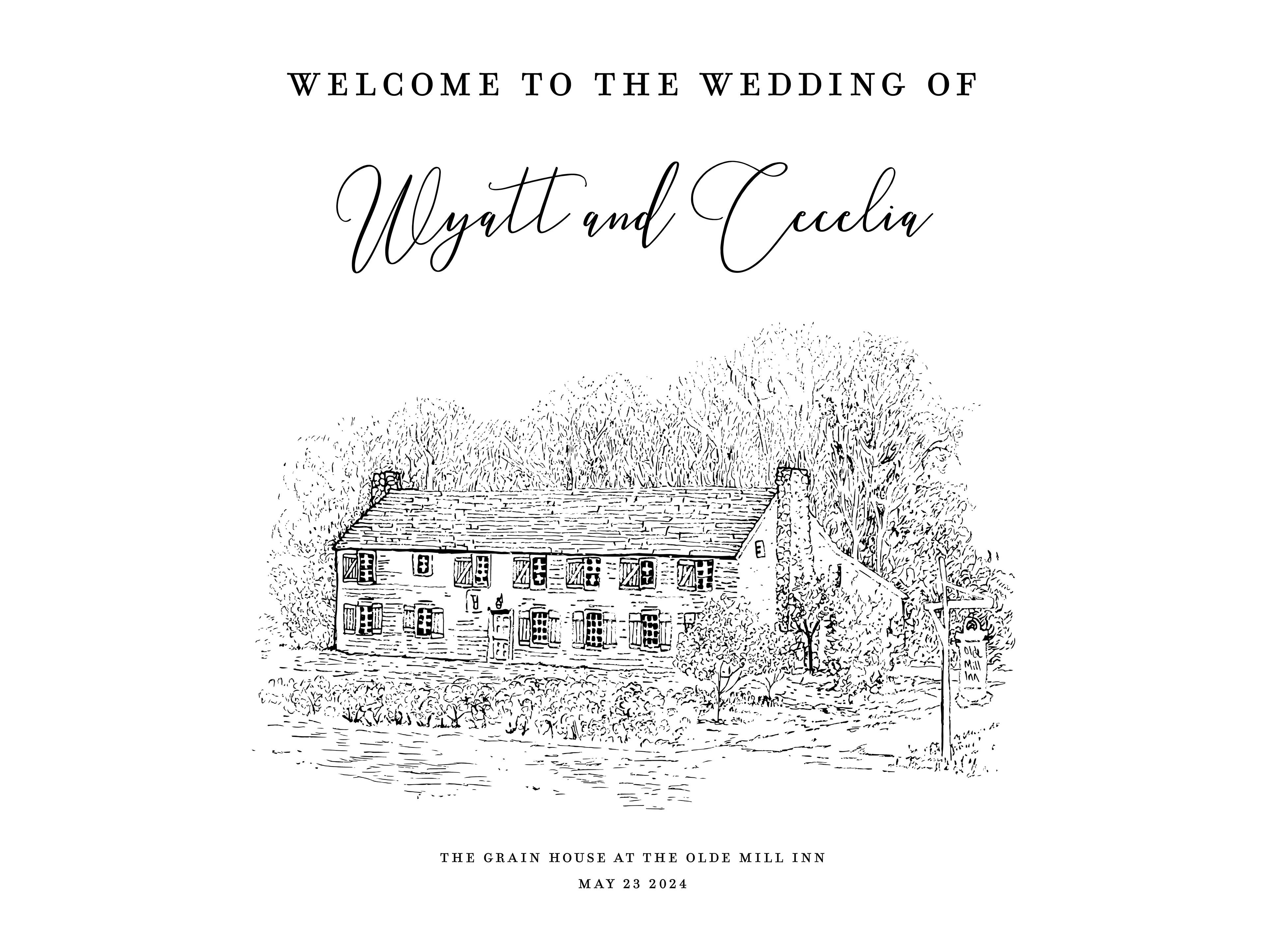 Welcome sign for Cecelia and Wyatt's Wedding. Programs used: Adobe Illustrator, Indesign, and Photoshop. Venue Illustration was drawn using graphite and ink. 2024