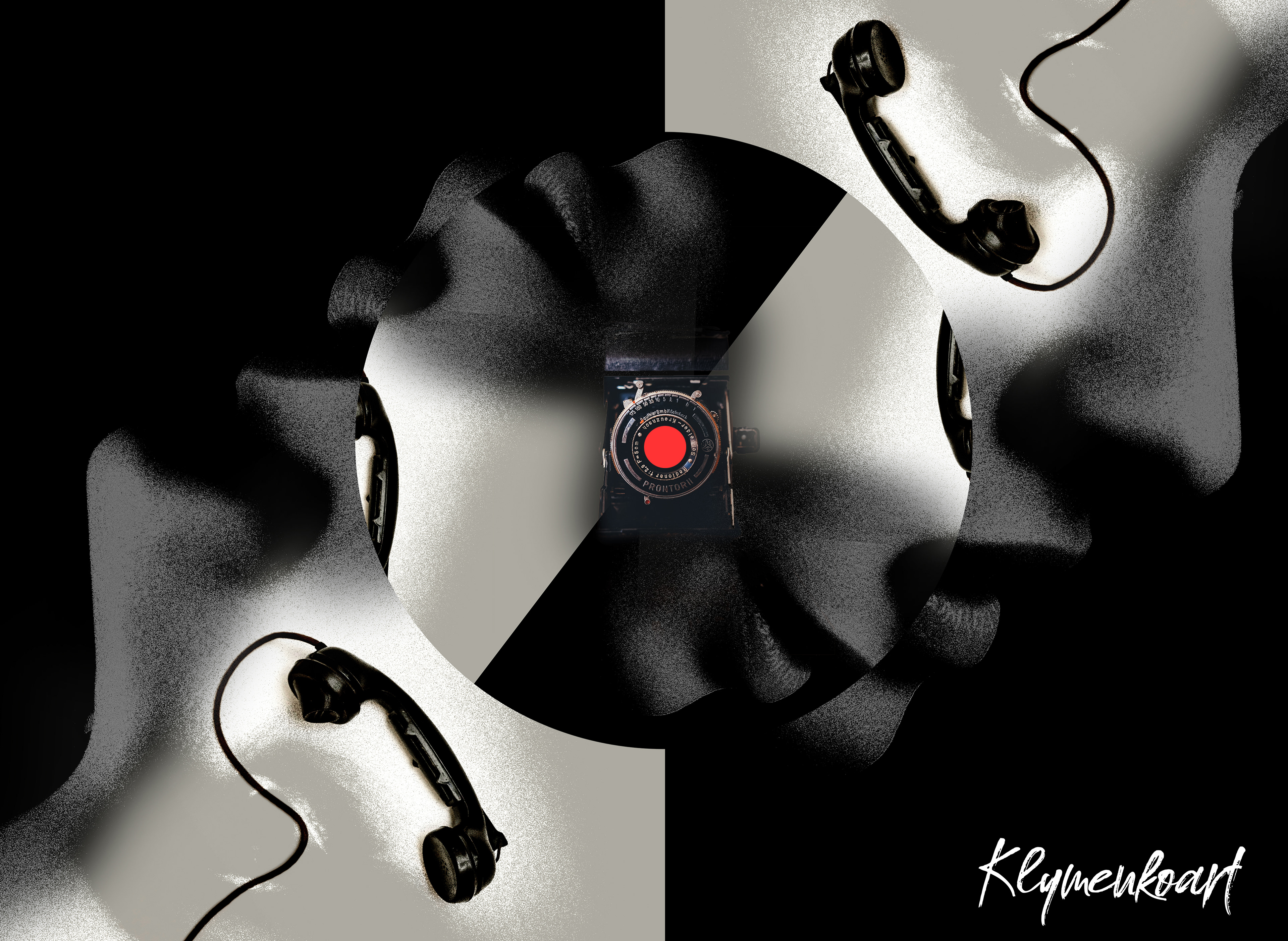 Monochrome conceptual collage by Anastasia Klymenko exploring memory loops, communication, and cognitive introspection.