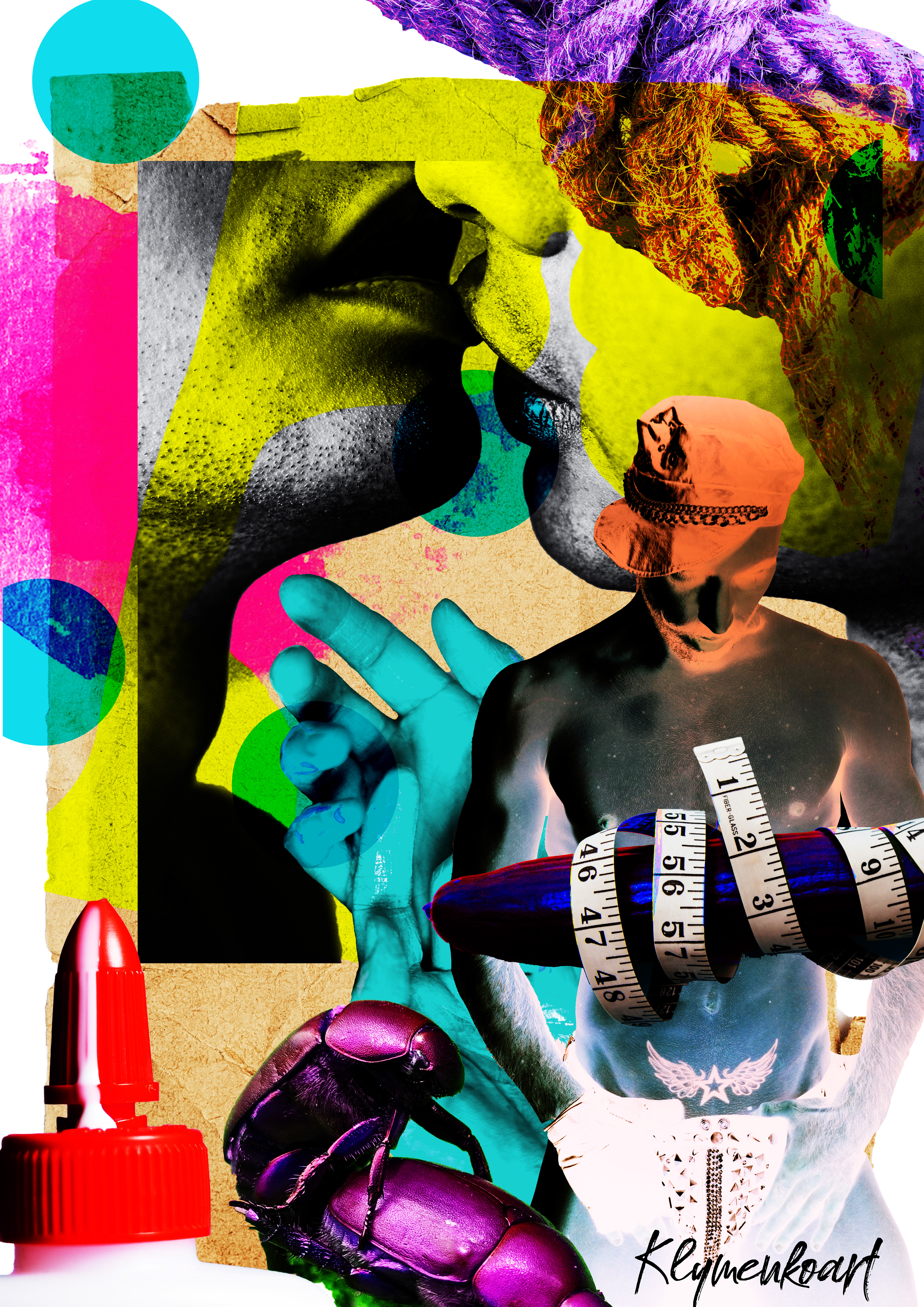 Fetish #2 series artwork by Anastasia Klymenko — Surrealist mixed media collage exploring intimacy, fetishization, and pop iconography.