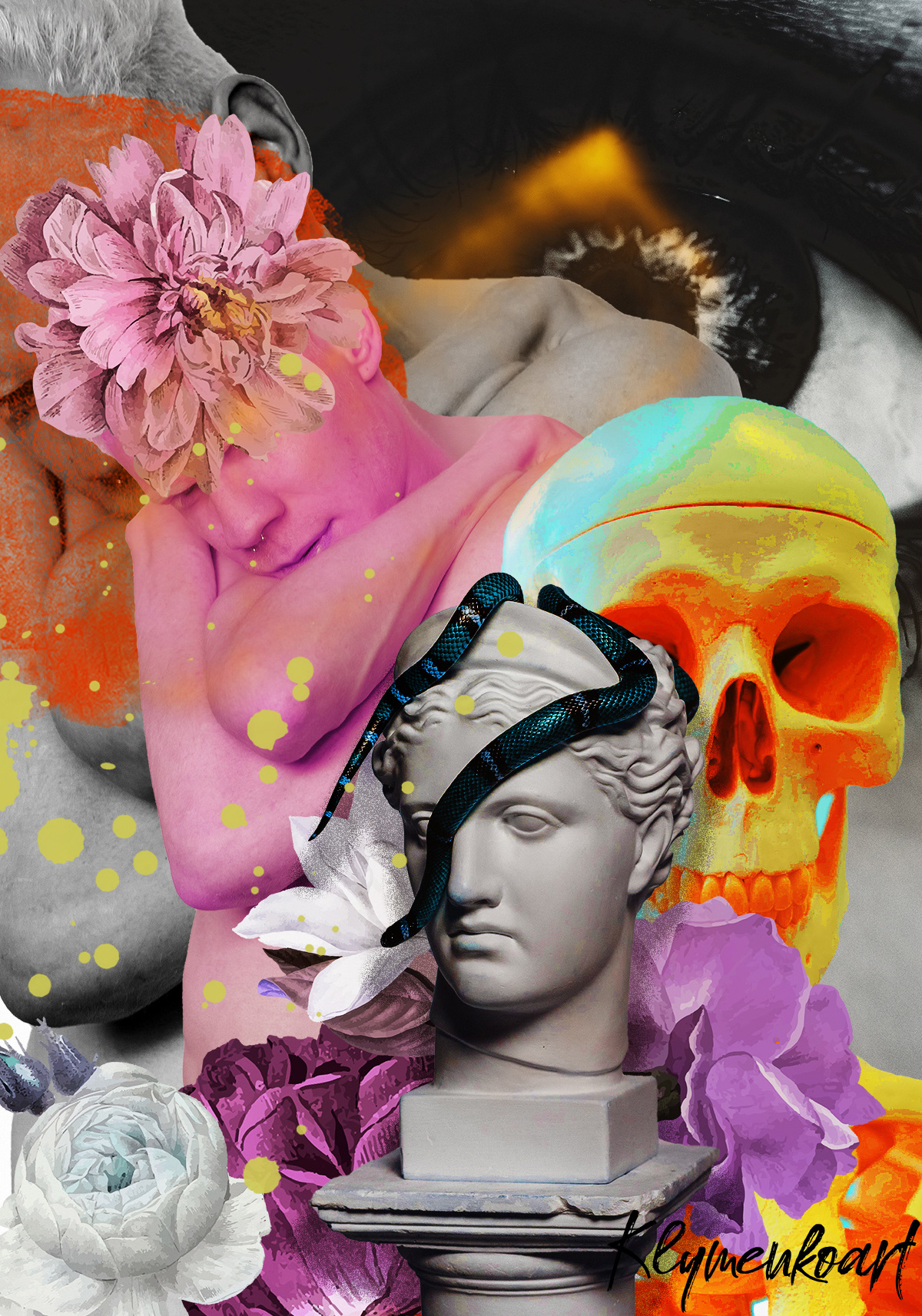 Renaissance series artwork by Anastasia Klymenko — Surrealist mixed media collage juxtaposing classical marble bust, vivid skull, floral elements, and neon textures.