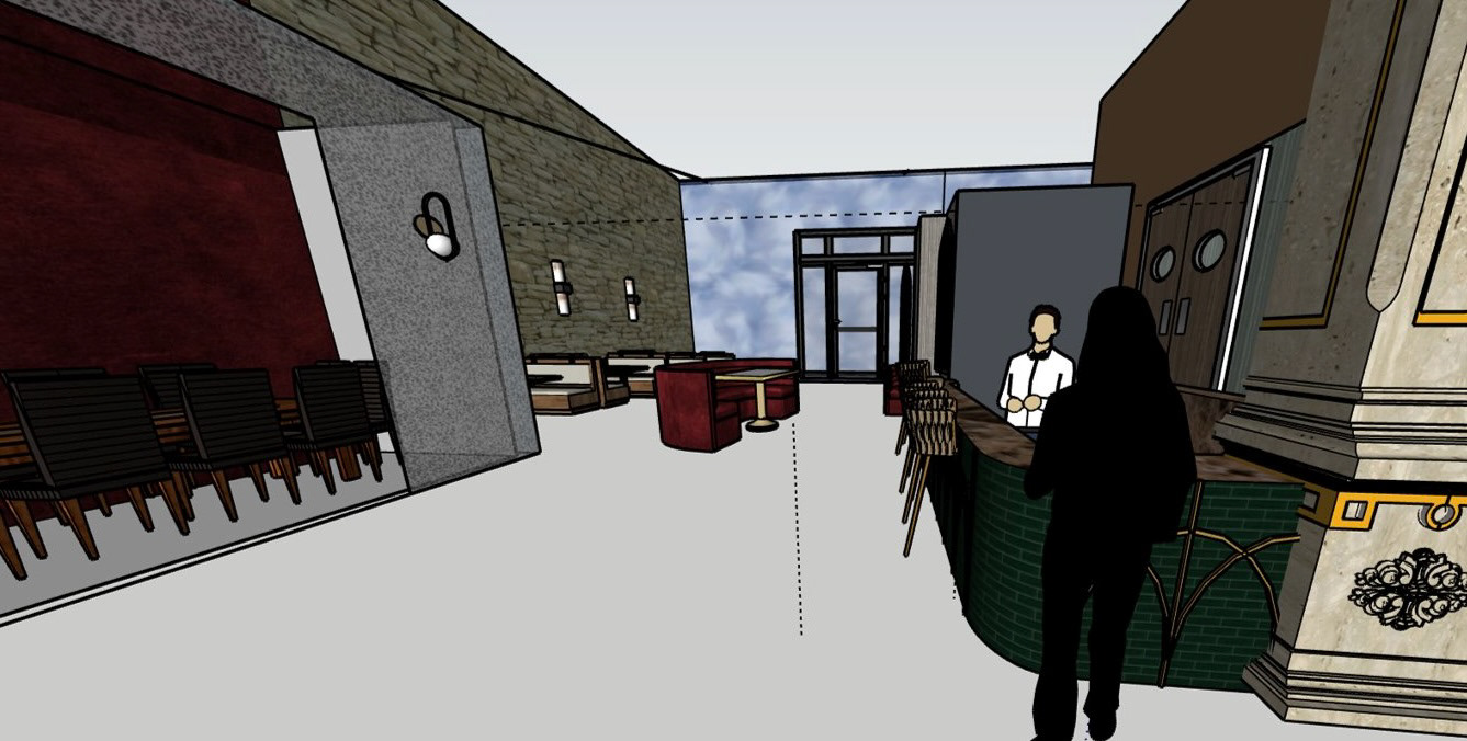 SketchUp- Private party dining on left, regular dining, and bar