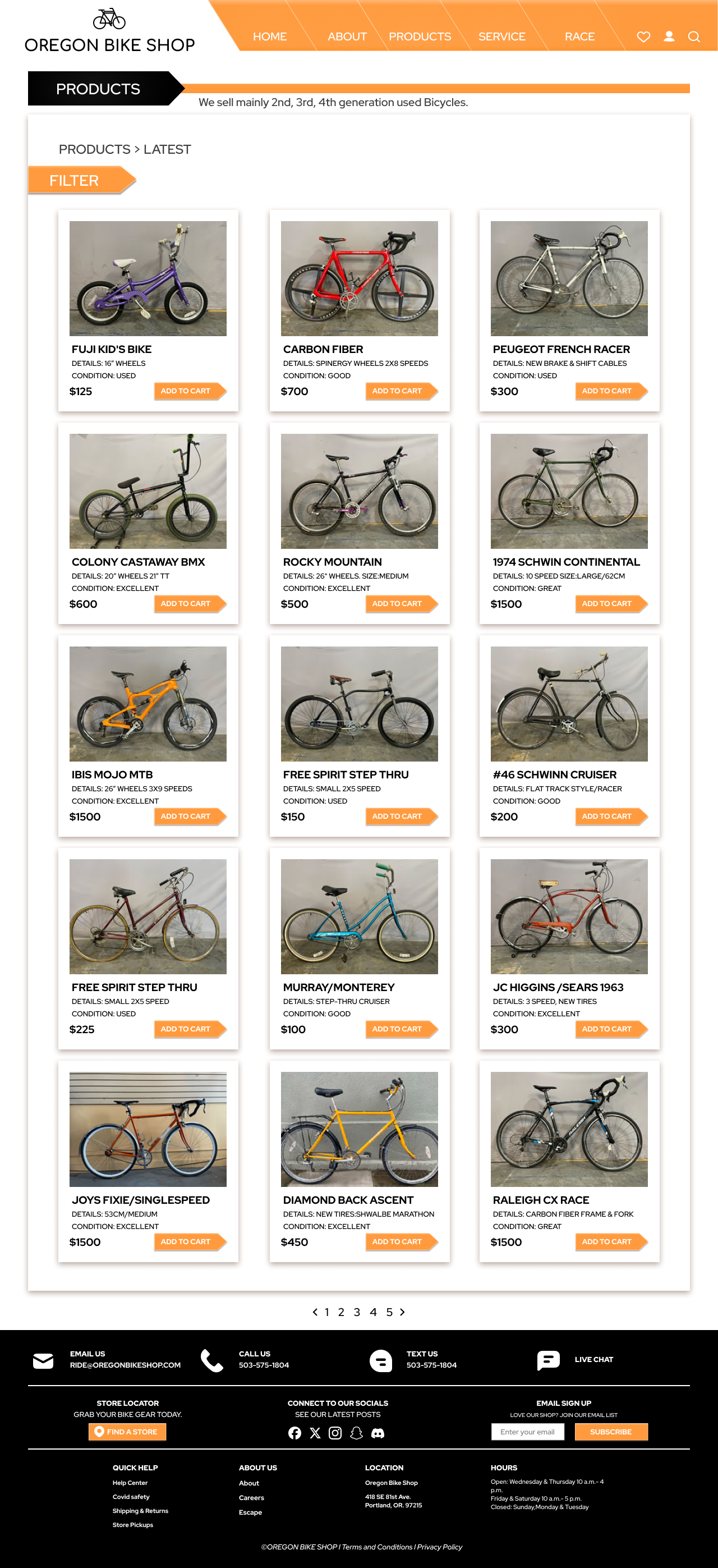 Oregon Bike Shop: Products Page