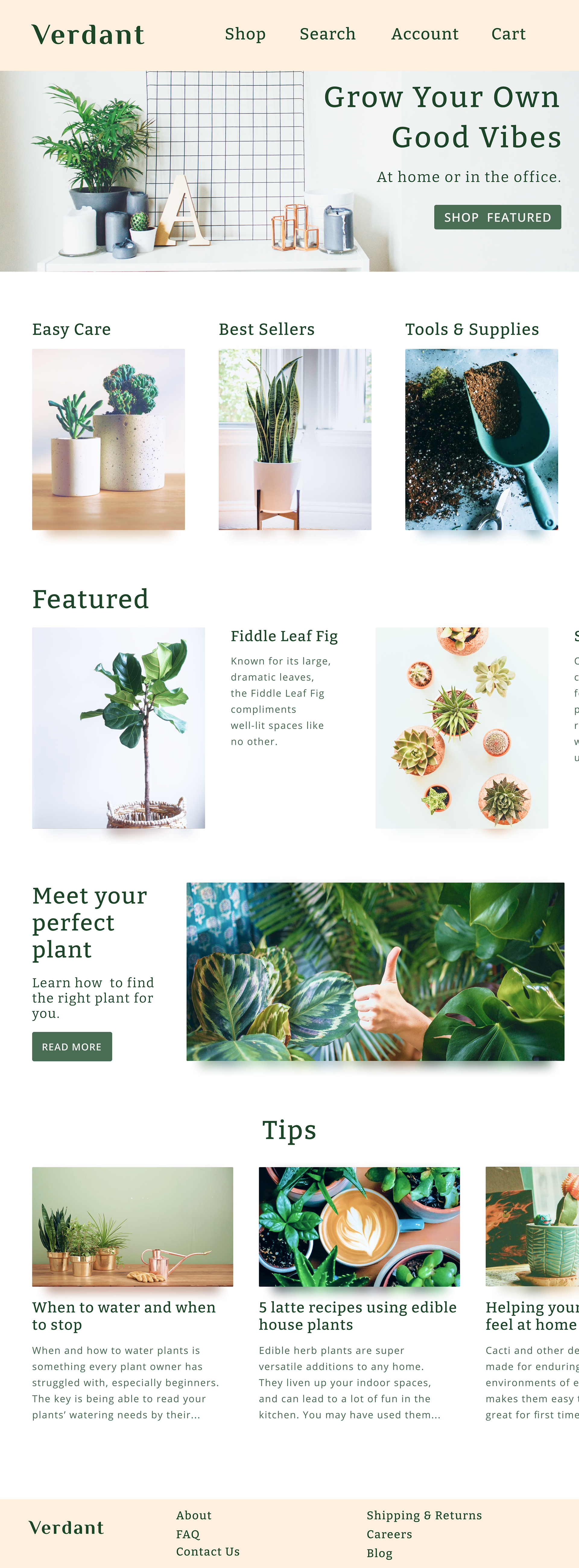 Mockup of Verdant example ecommerce website for buying and learning about plants