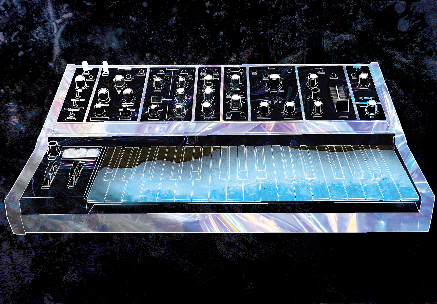This is a composite I created using Illustrator and Photoshop. I made the synthesizer in Illustrator using a stock photo reference, then did the artistic edit in Photoshop using stock photos.