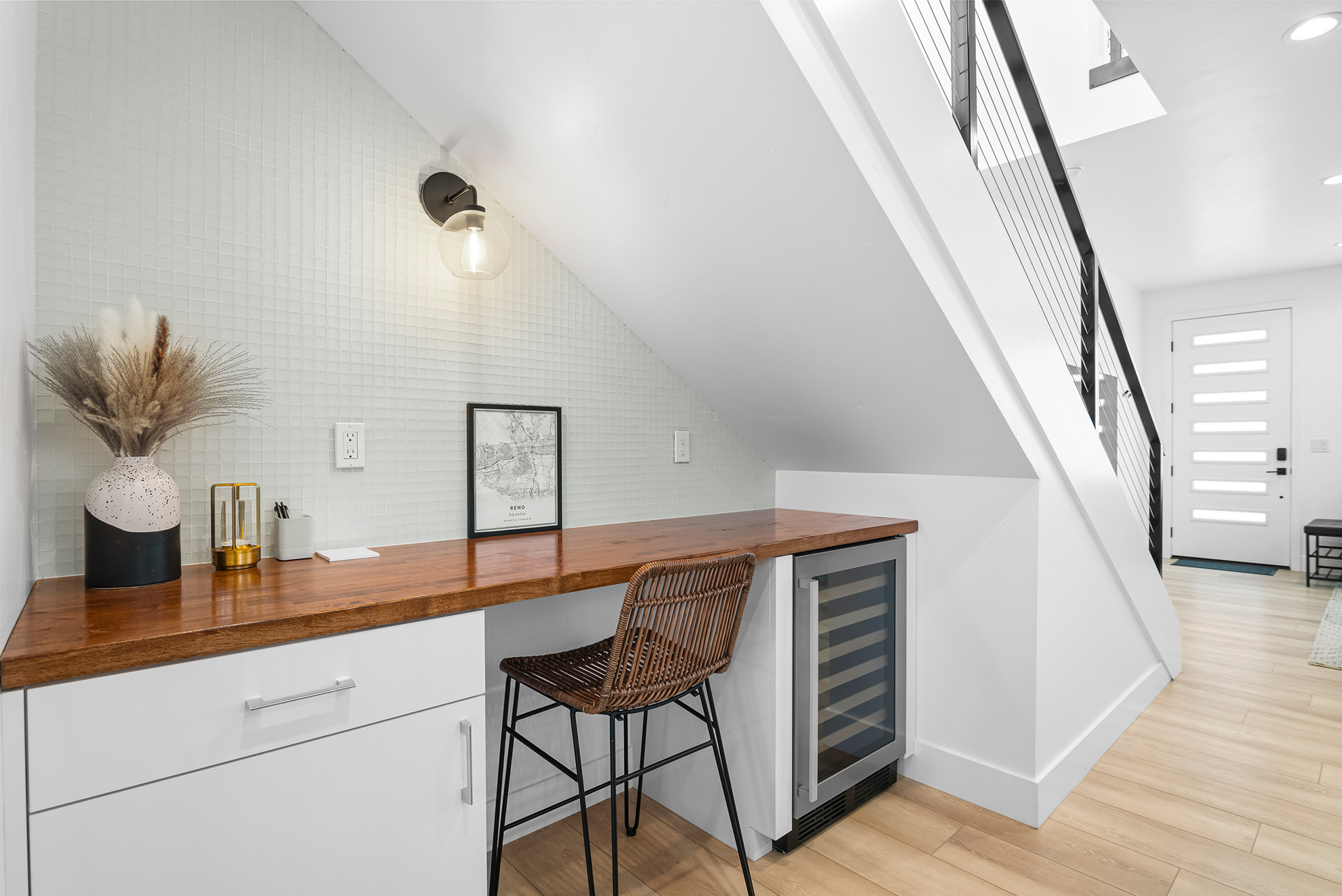Interior real estate photography of custom study nook built into the space under the staircase in Temecula city home - Andrew Crippen Visuals