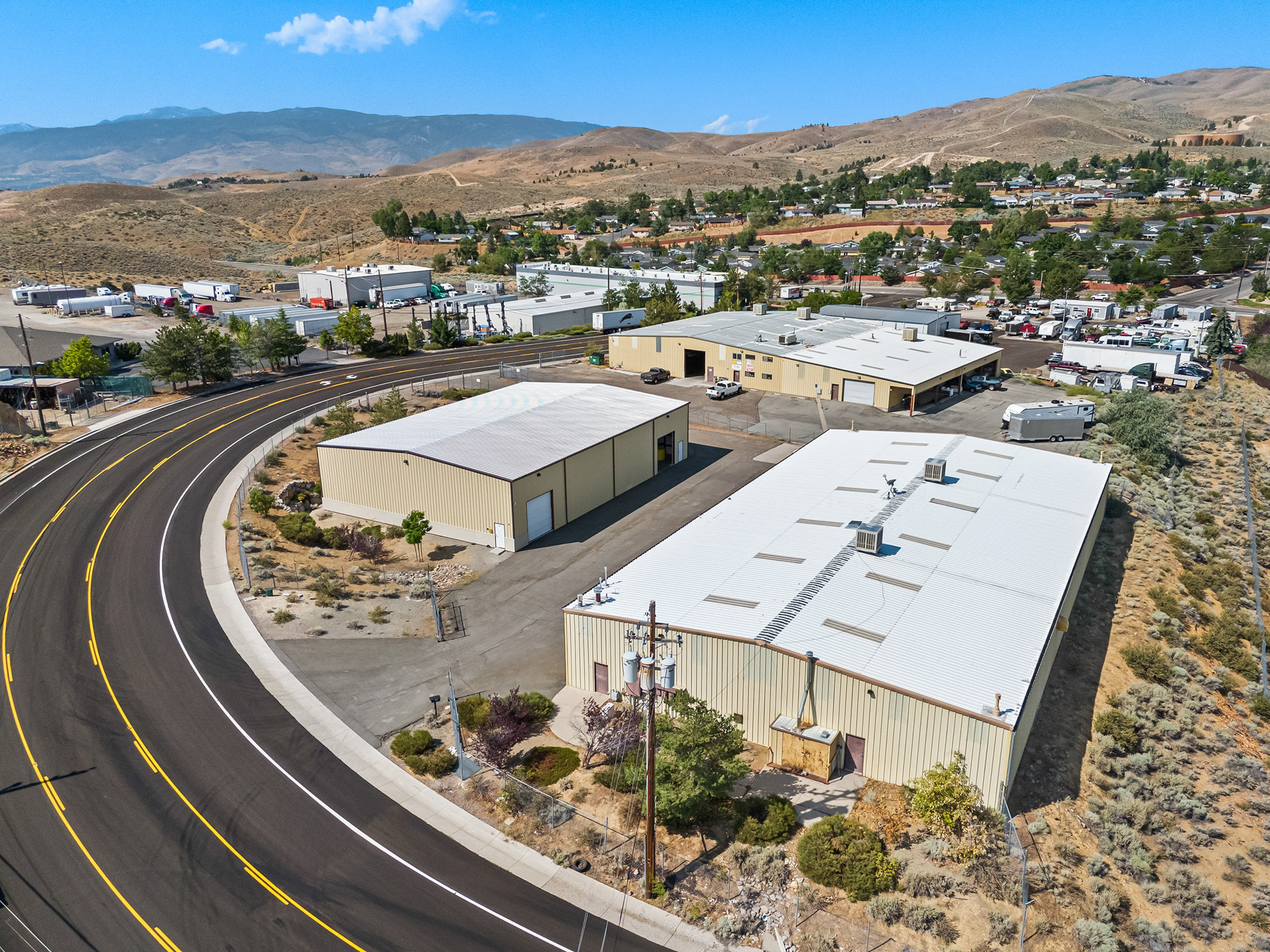 Aerial of an industrial building and the surrounding business park