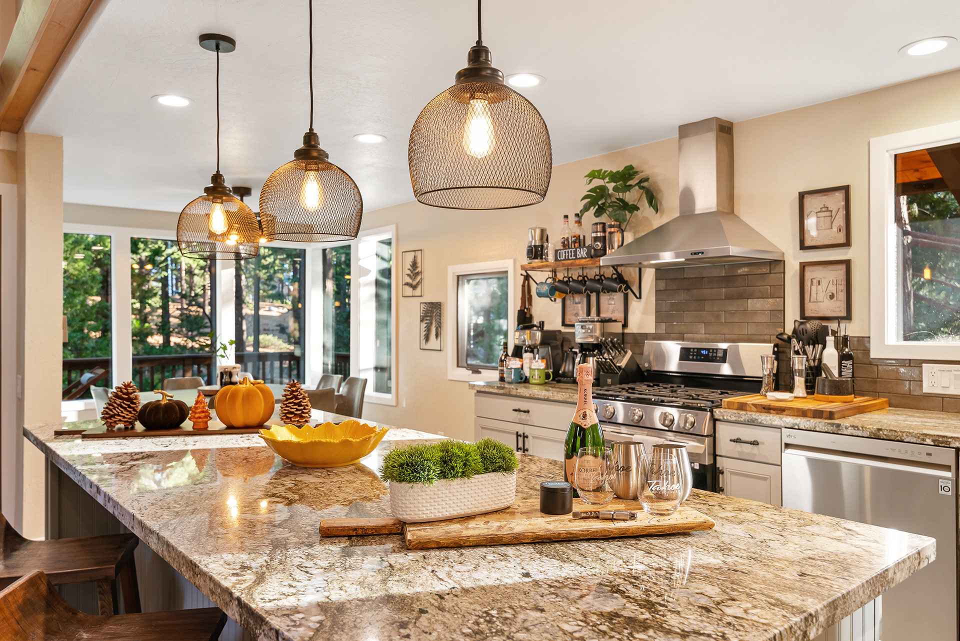 Interior photography of cozy cabin kitchen styled with seasonal fall decor for vacation rental marketing - Andrew Crippen Visuals