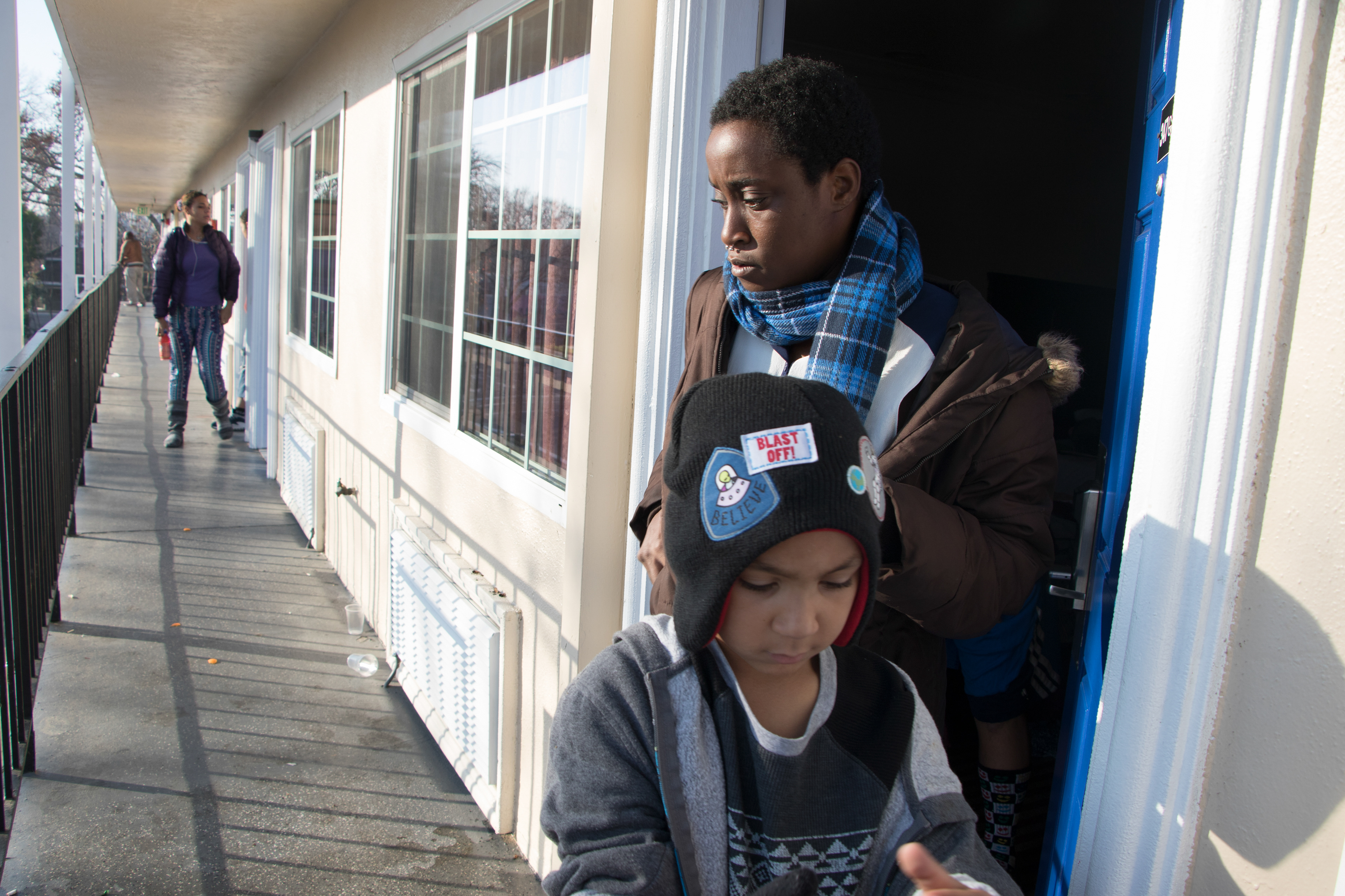 Duren-Hill and Gavin head down to have breakfast provided by their motel Americas Best Value Inn in Sacramento, Calif. on Jan. 3, 2019.