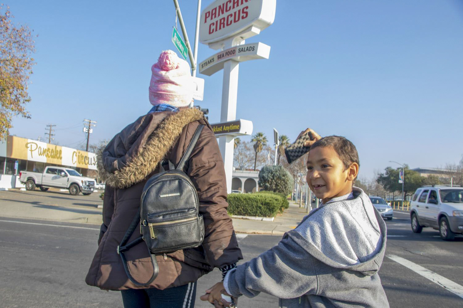 Duren-Hill takes Gavin to Pancake Circus after receiving money from the Facebook group “ Is this a Depression Meal?” in Sacramento, Calif. on Jan. 2, 2019.