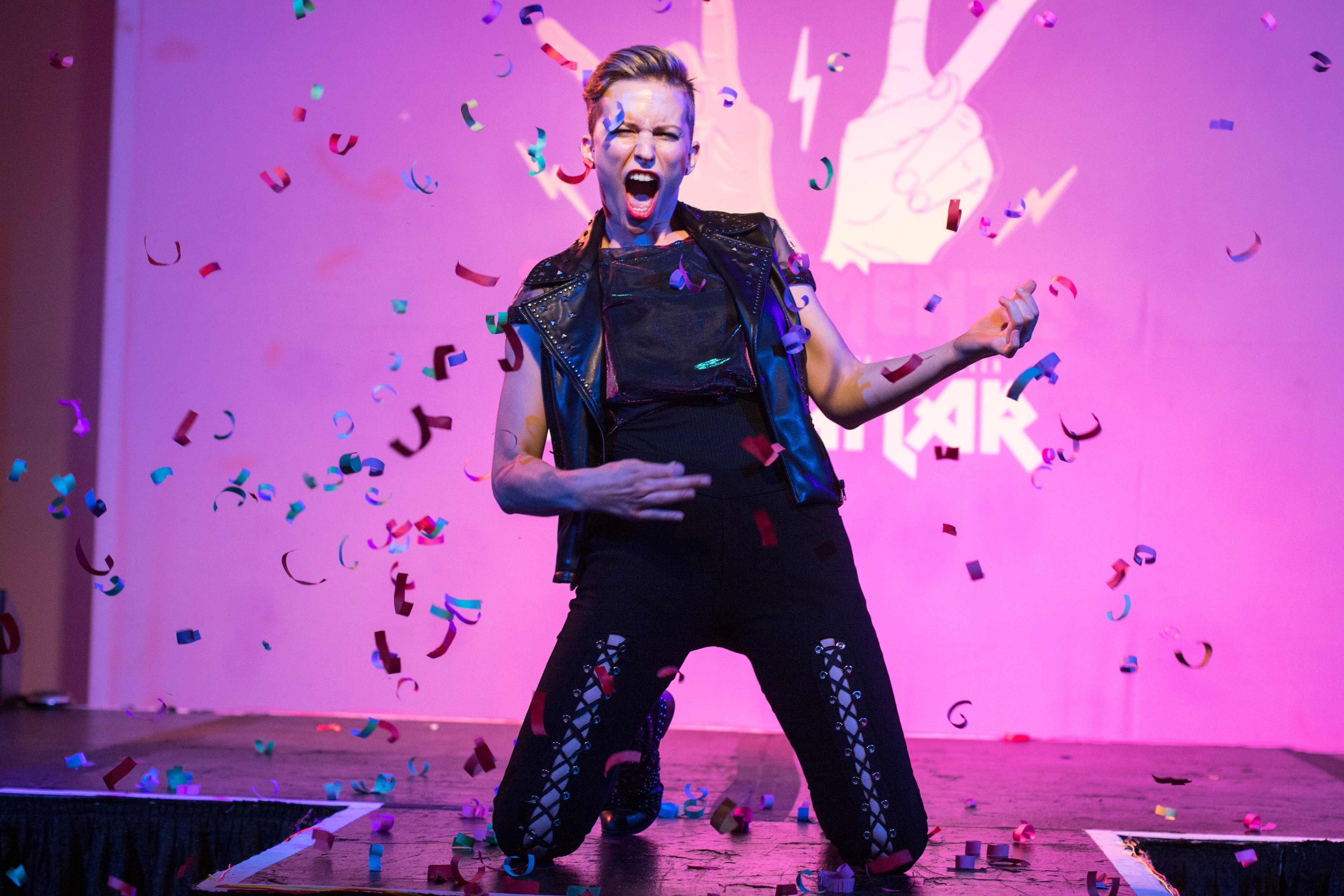 Kate Rose host the Sacramento Air Guitar Qualifier Competition at B Street Theatre in Sacramento, Calif. on June 7, 2019. Last year, Rose placed fifth at the 2018 Air Guitar World Championship and now will go on to compete in the 2019 U.S. Air Guitar National Finals while representing Santa Cruz. 