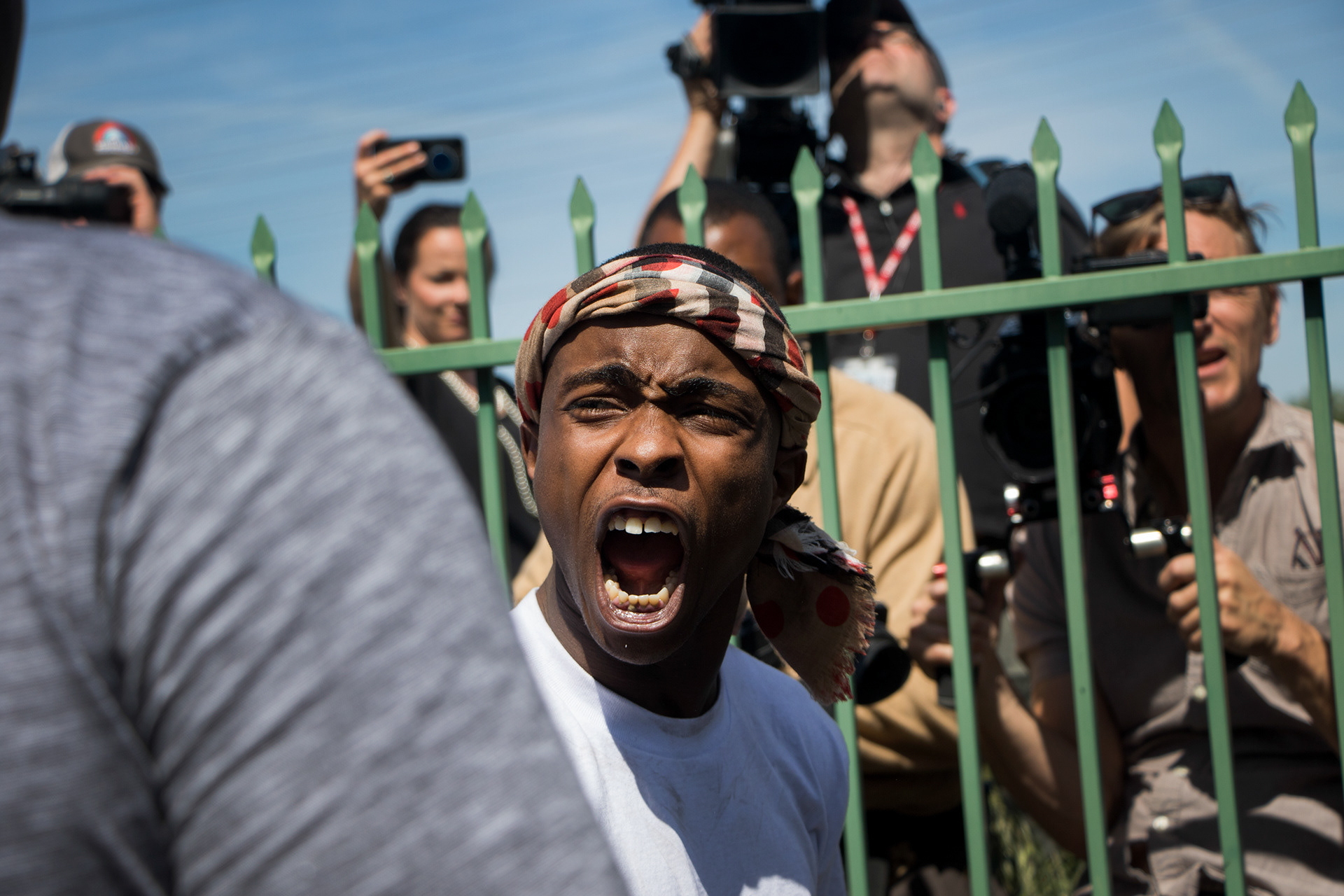 Stevante Clark yells at the media during his brother Stephon Clark's funeral at the Bayside of South Sacramento Church in Sacramento, Calif. on March 29, 2018. Stephon Clark was a 22-year-old, African American man who was fatally shot by Sacramento police in his grandmother's backyard on March 18, 2018.