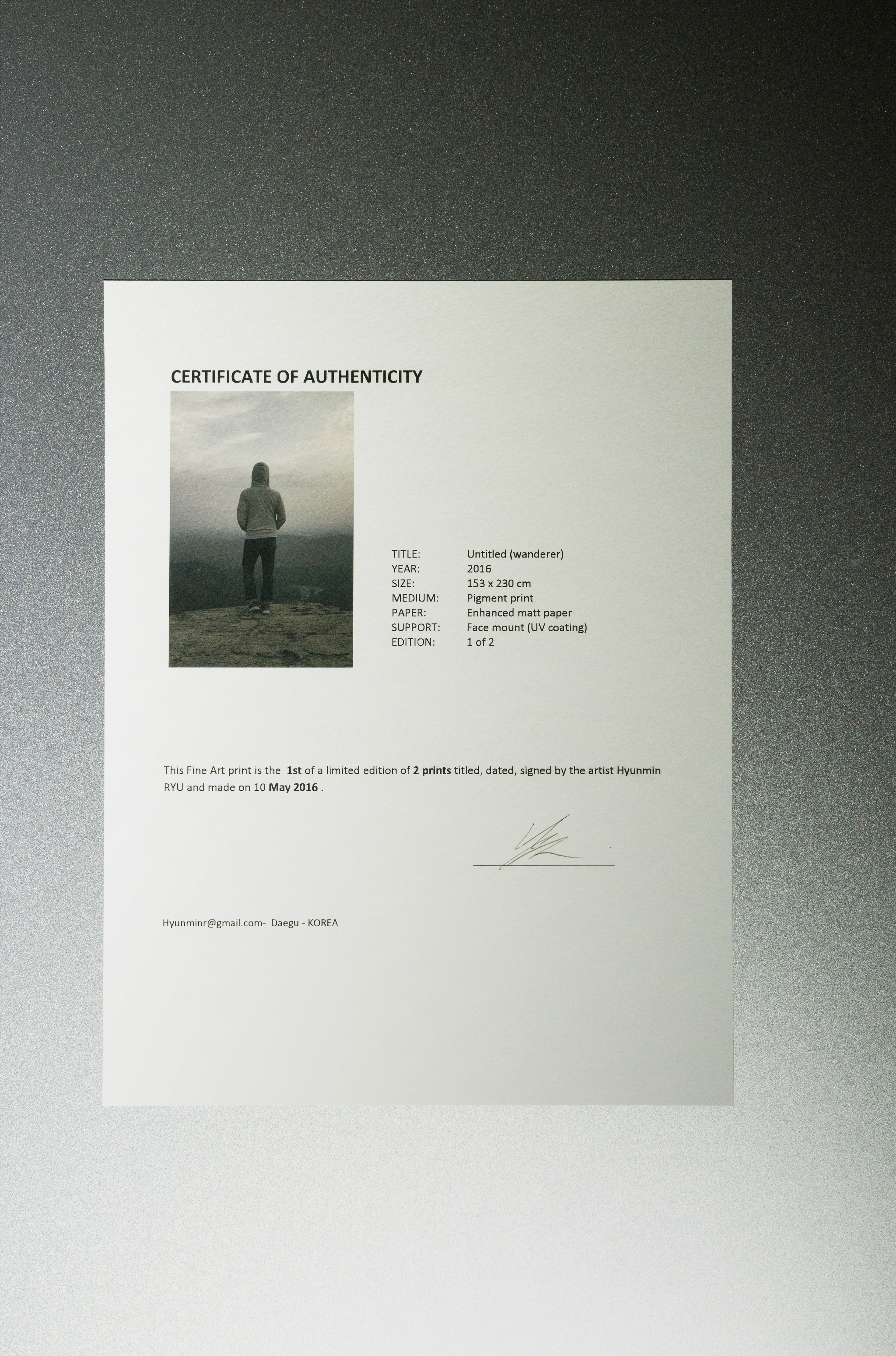 Wanderer, face mount on pigment print, wood, certificate of authenticity, 240x150x60cm, 2015